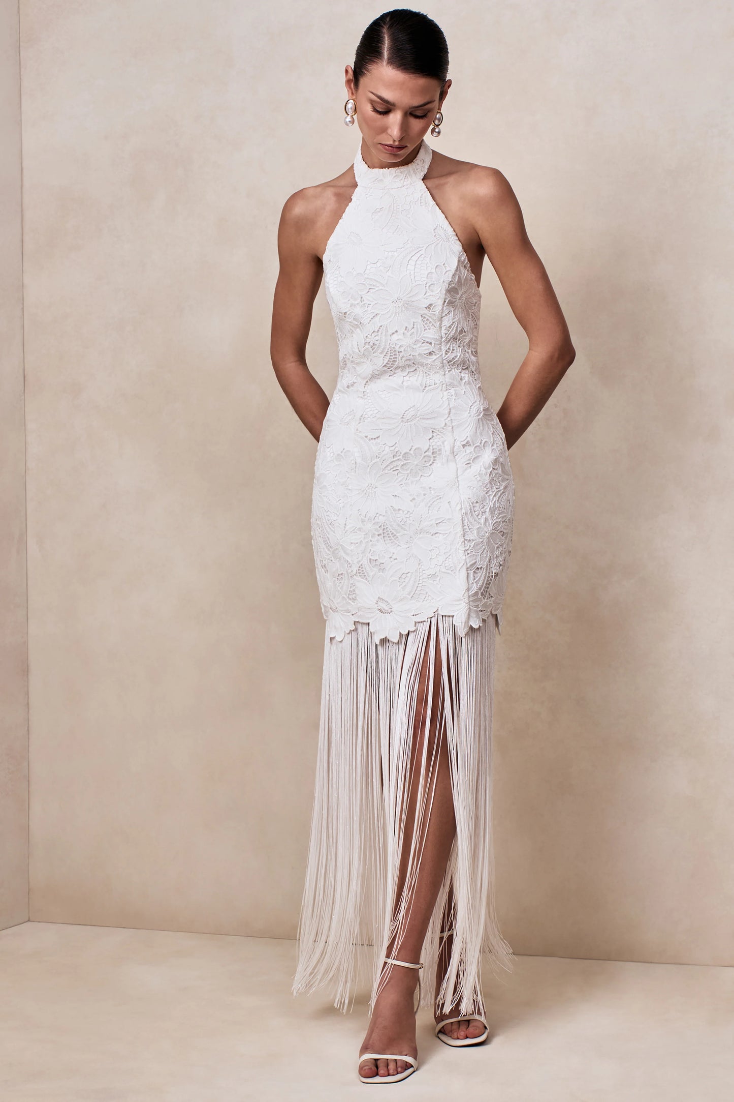 Skylar White Lace Halter-Neck Maxi Dress With Open-Back And Bow Detail