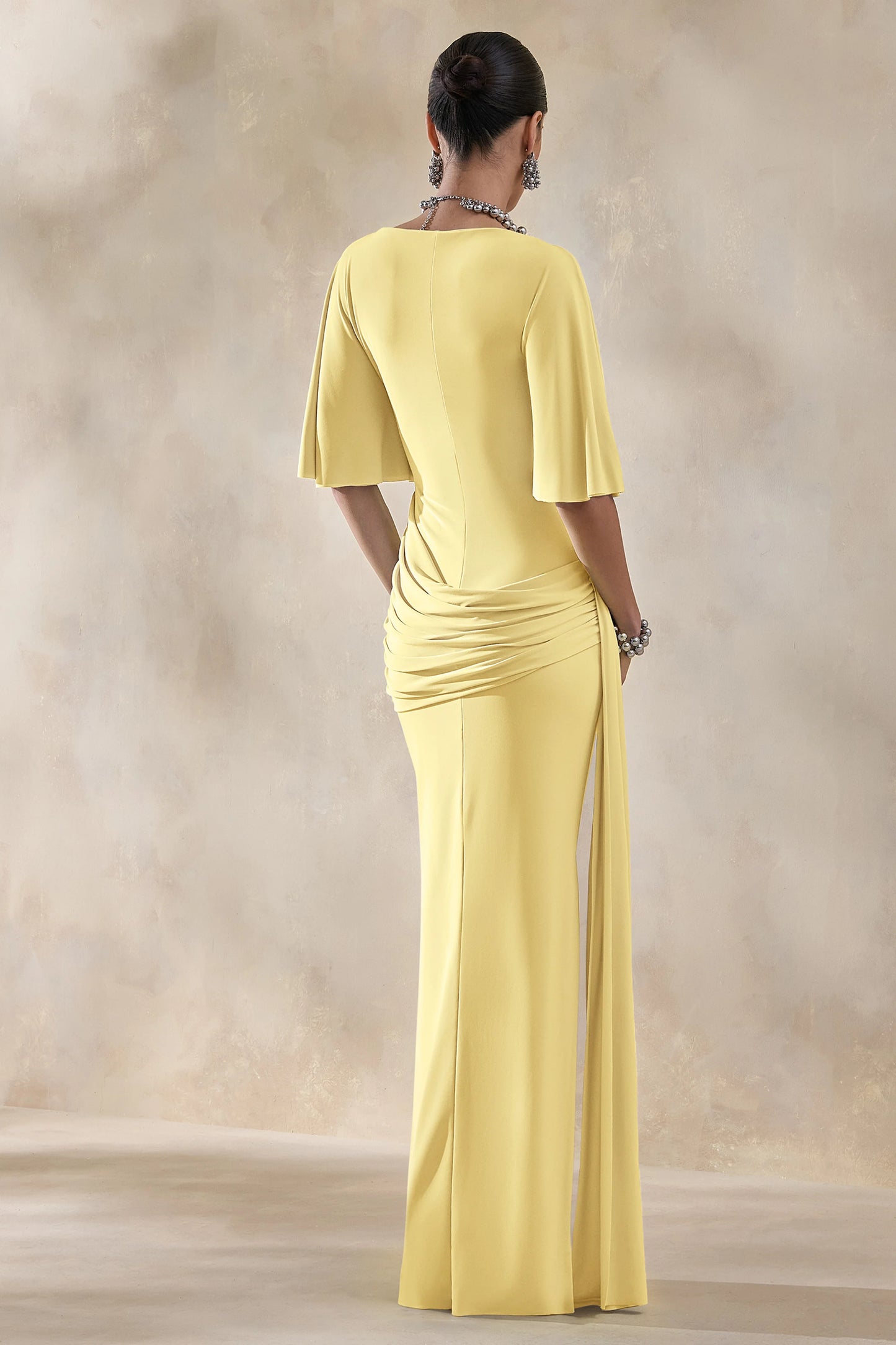 Emerelle Lemon Wide-Neck Maxi Dress With Sash And Draped-Detailing