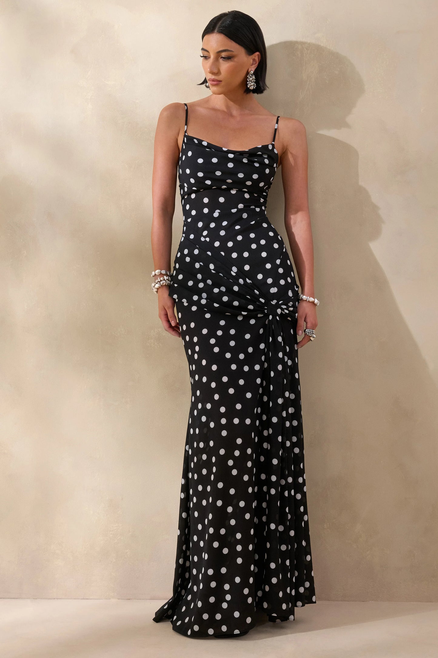 Virtue Black & White Polka Dot Cowl-Neck Fishtail Maxi Dress With Split