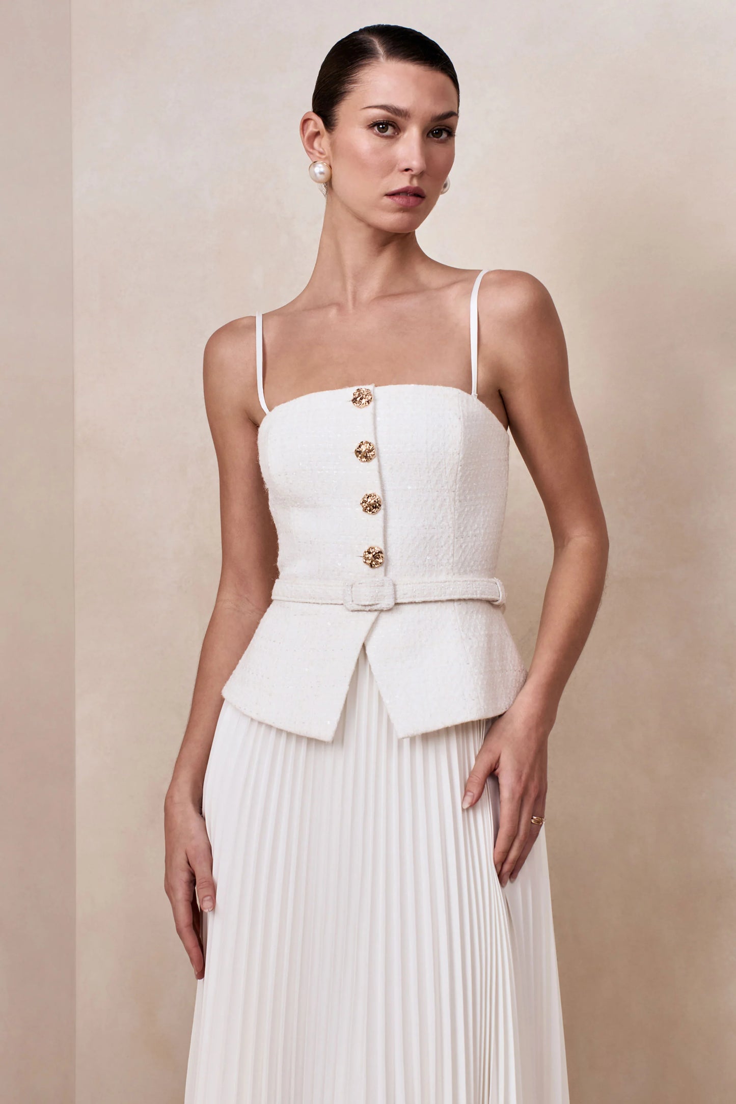 Lizzy Cream Square-Neck Midi Dress With Pleated-Skirt