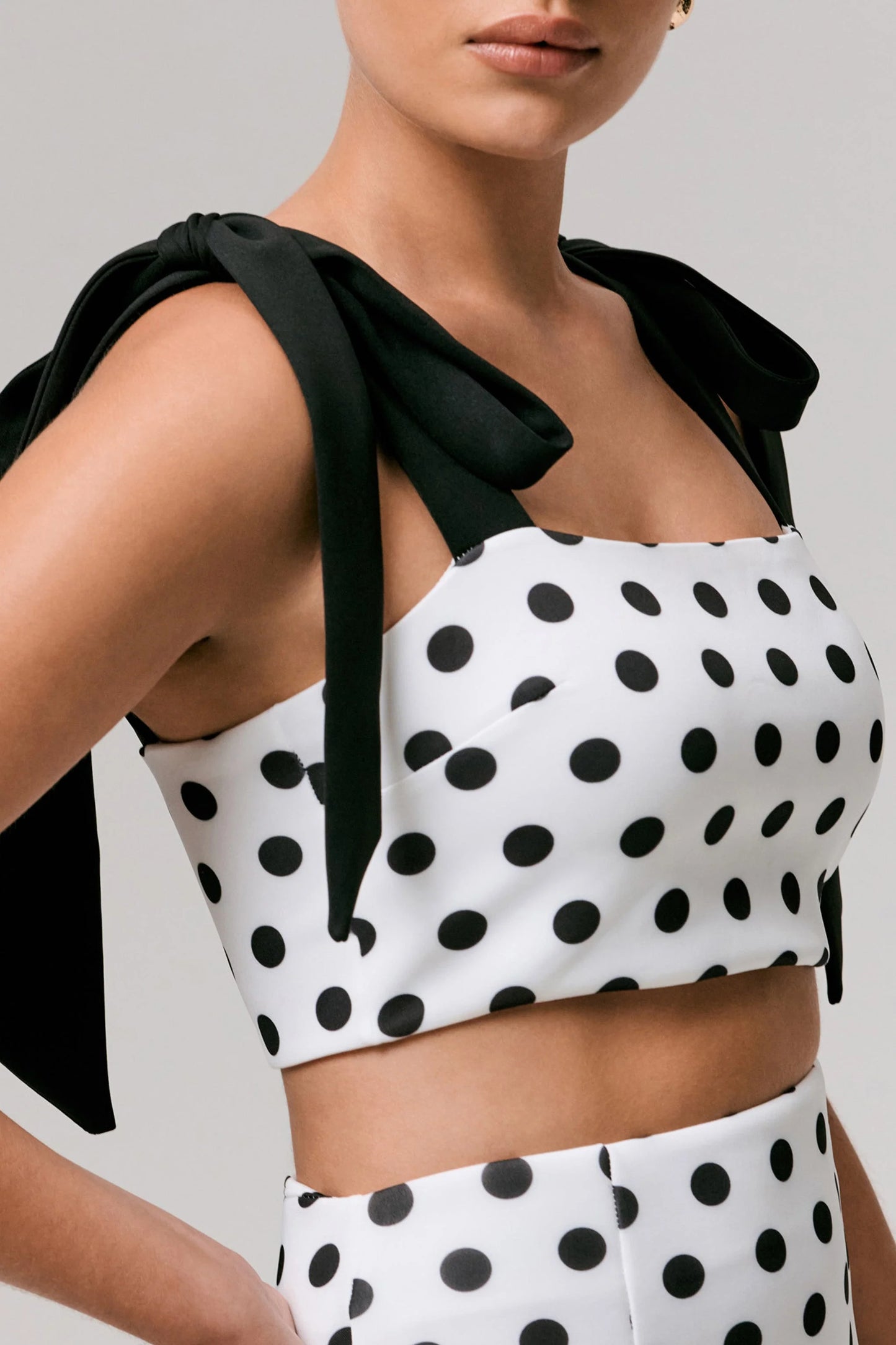 Phoebe Black & White Polka Dot Crop Top With Tie Straps Tie