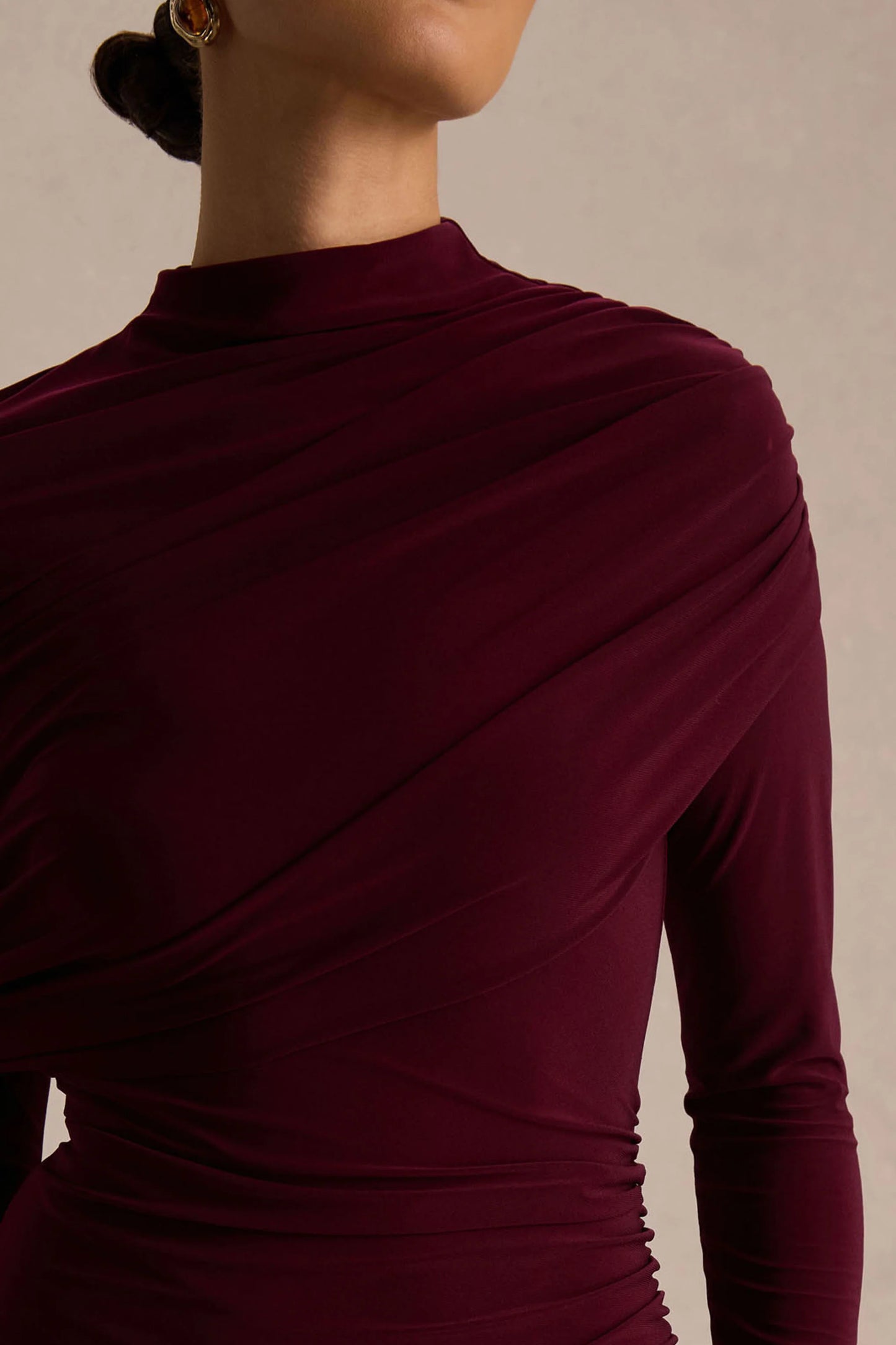 Gatsby Burgundy High-Neck Maxi Dress With Feather Trim Cuffs