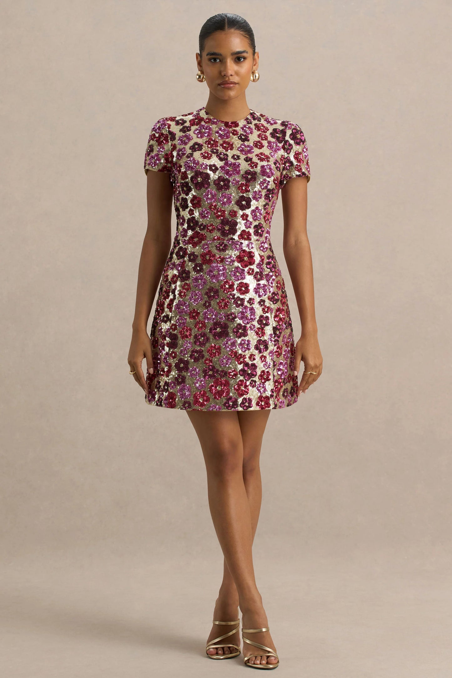 Eira Pink Floral Embellished Sequin Crew-Neck Mini Dress