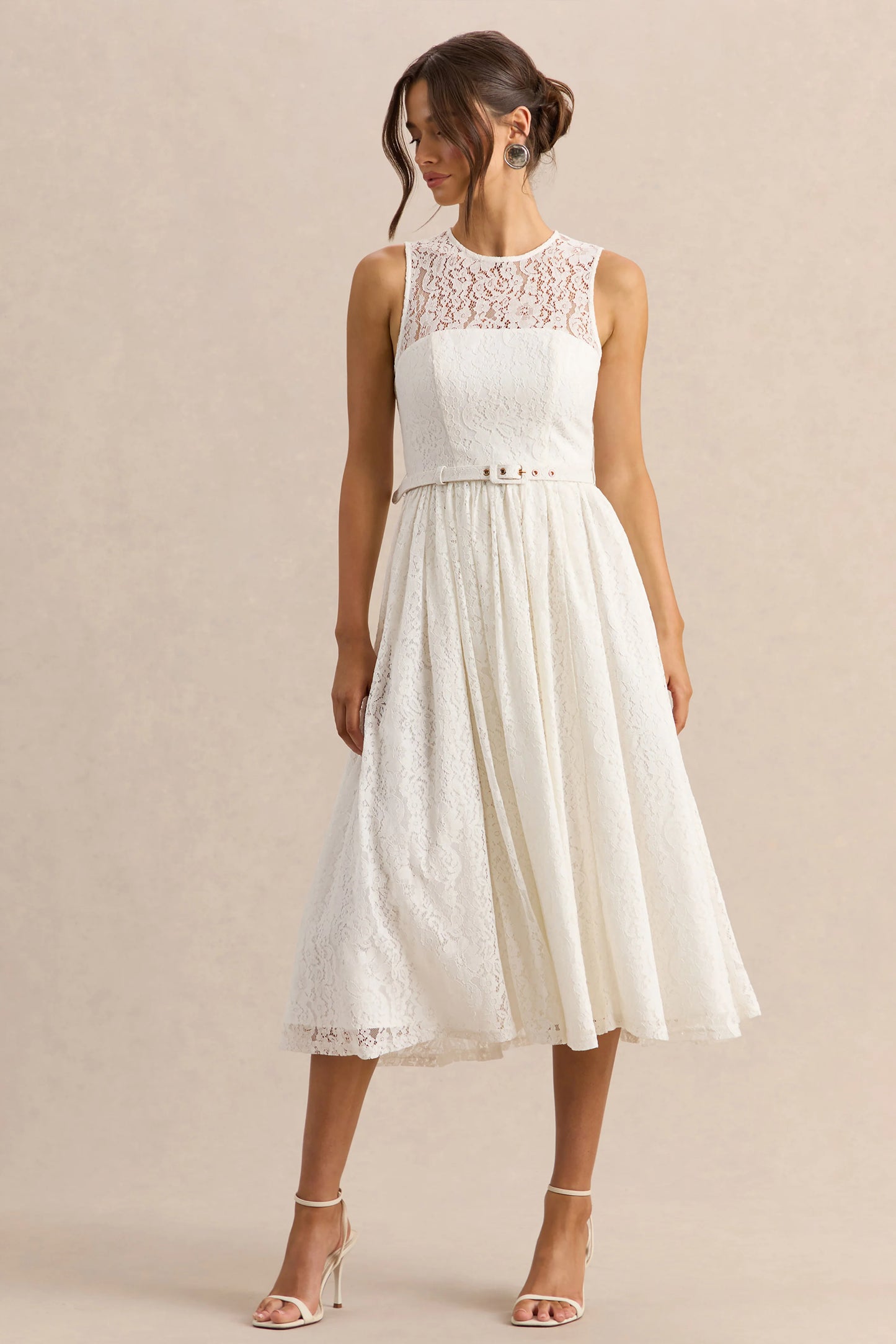 Anabella White Lace Crew-Neck Belted Midi-Dress
