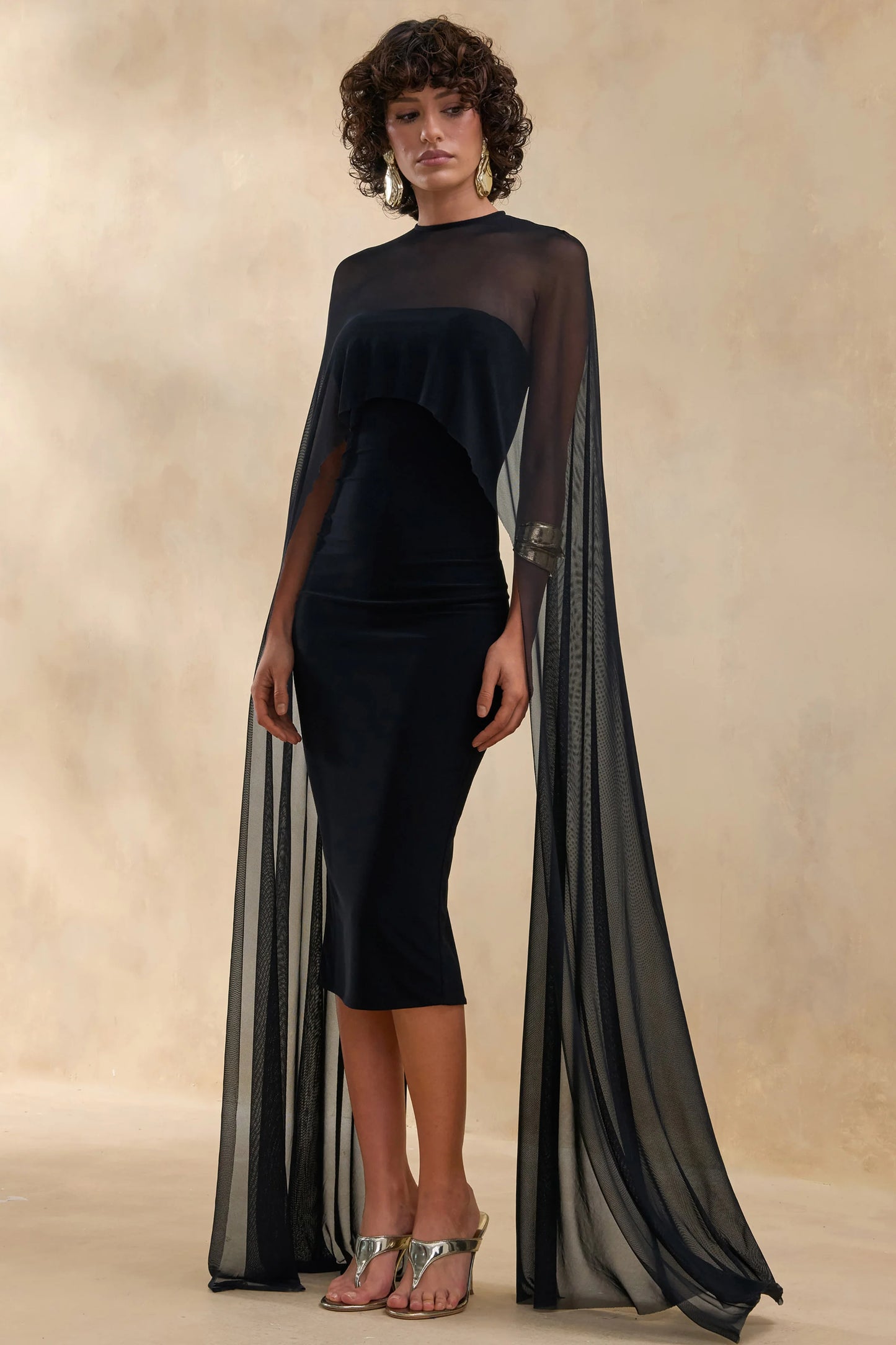 Filippa Black Crew-Neck Midi Dress With Sheer Cape-Sleeves
