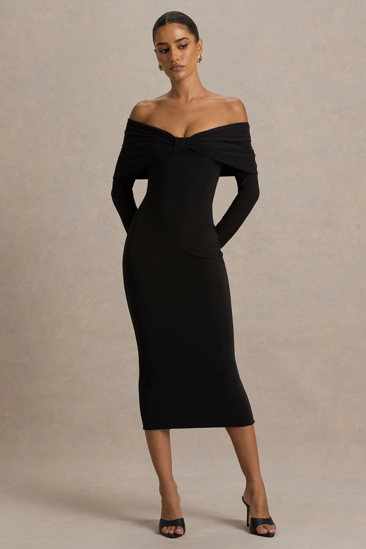 Spark Black Bardot-Neck Midi Dress With Bow Detail