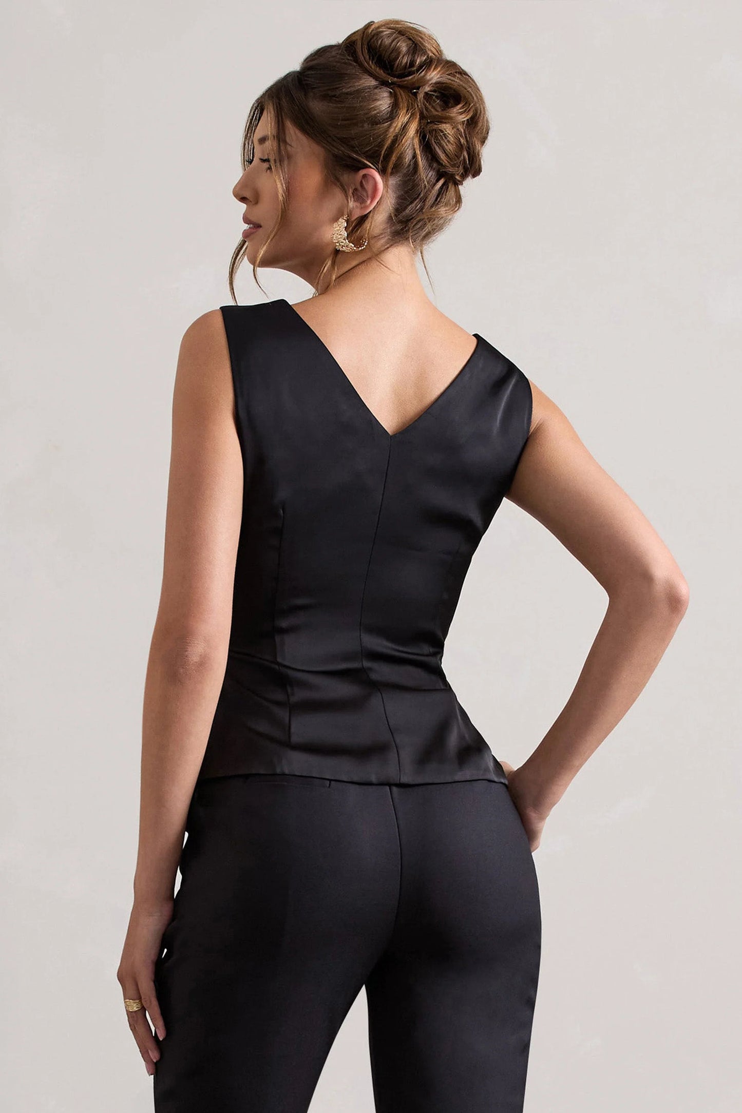 Adoration Black Satin Plunge-Neck Top With Bow