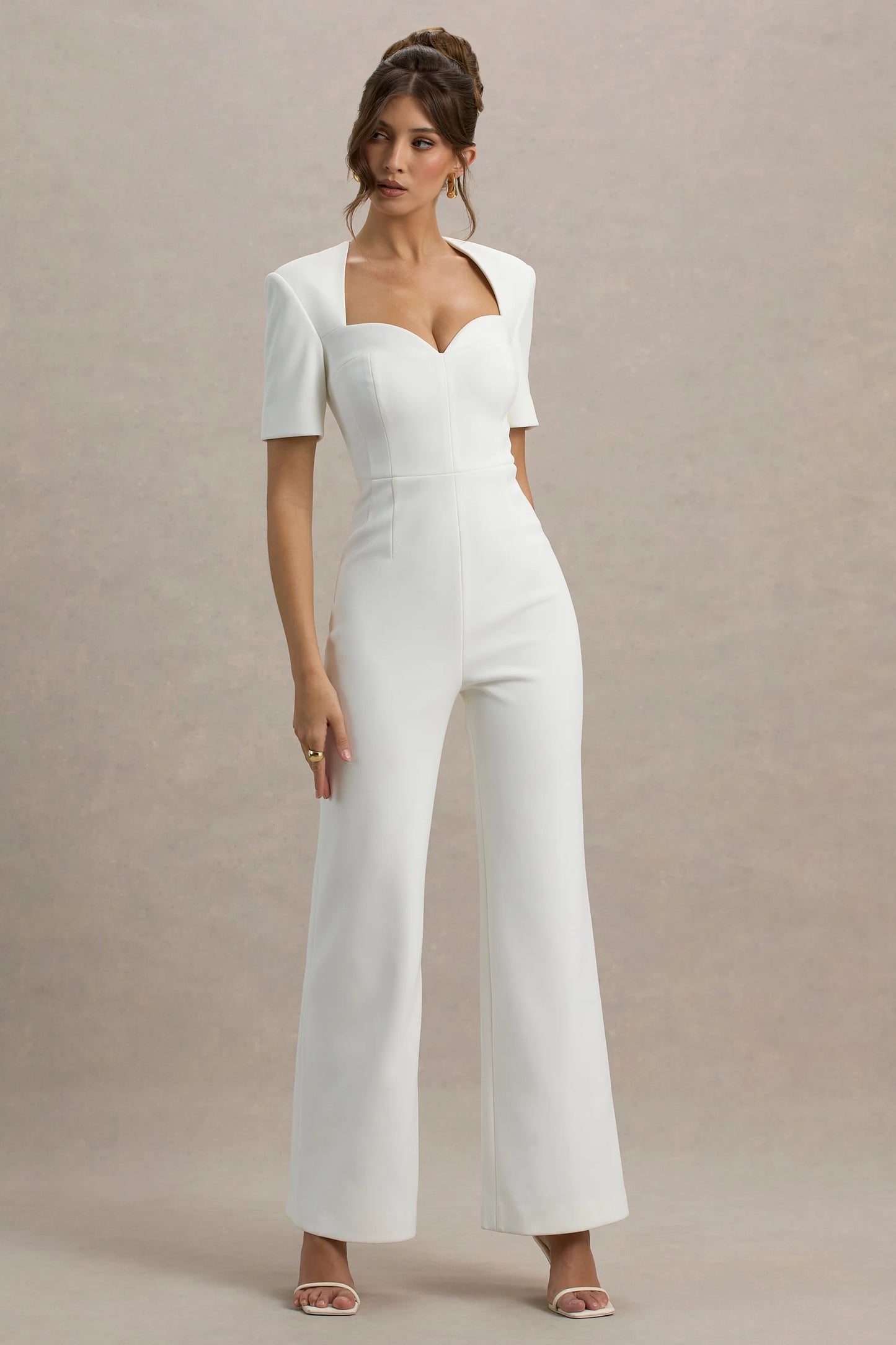 Simone White Sweetheart Short-Sleeve Wide-Leg Jumpsuit