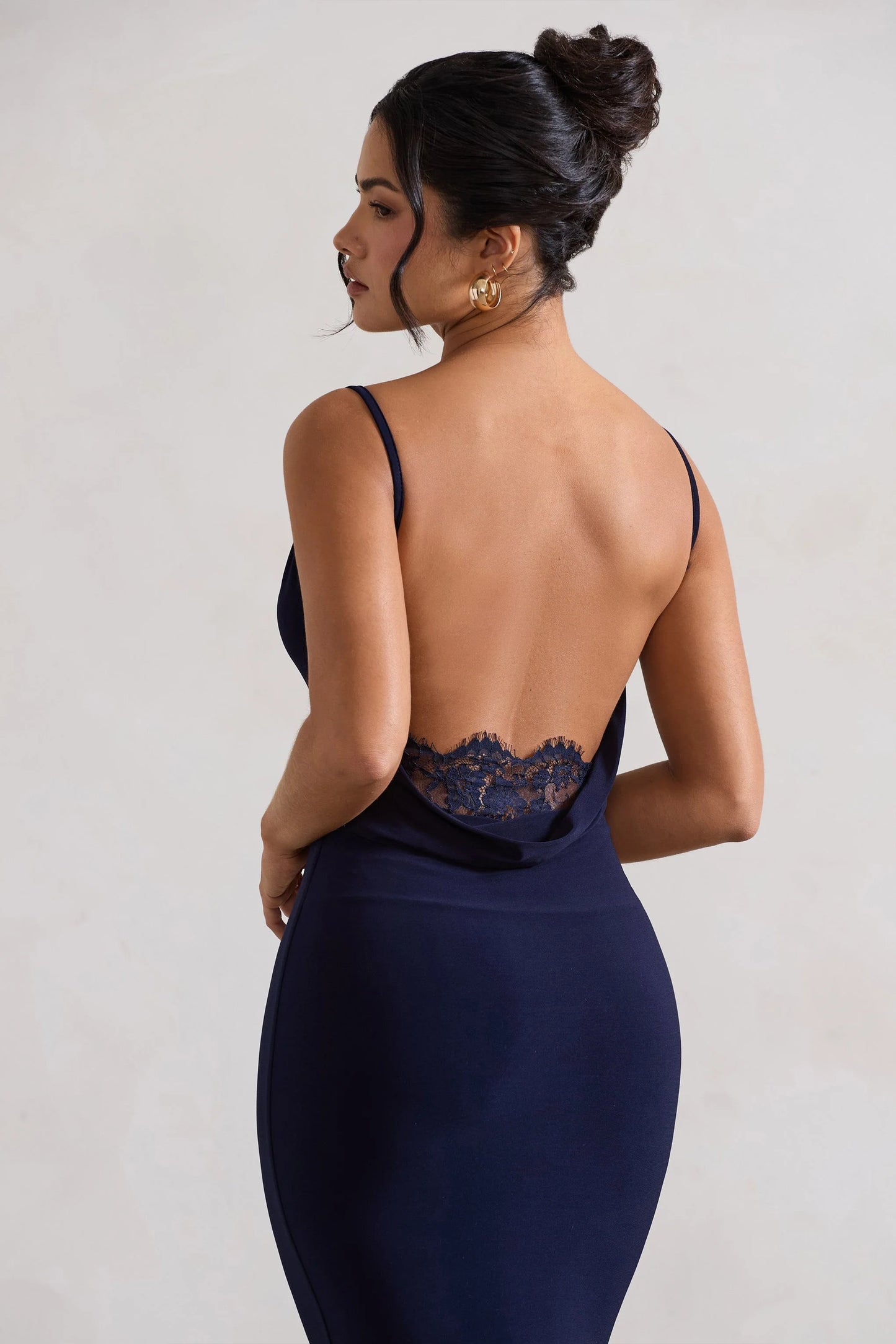 Addison Navy Cowl-Neck Open-Back Midi Dress With Lace