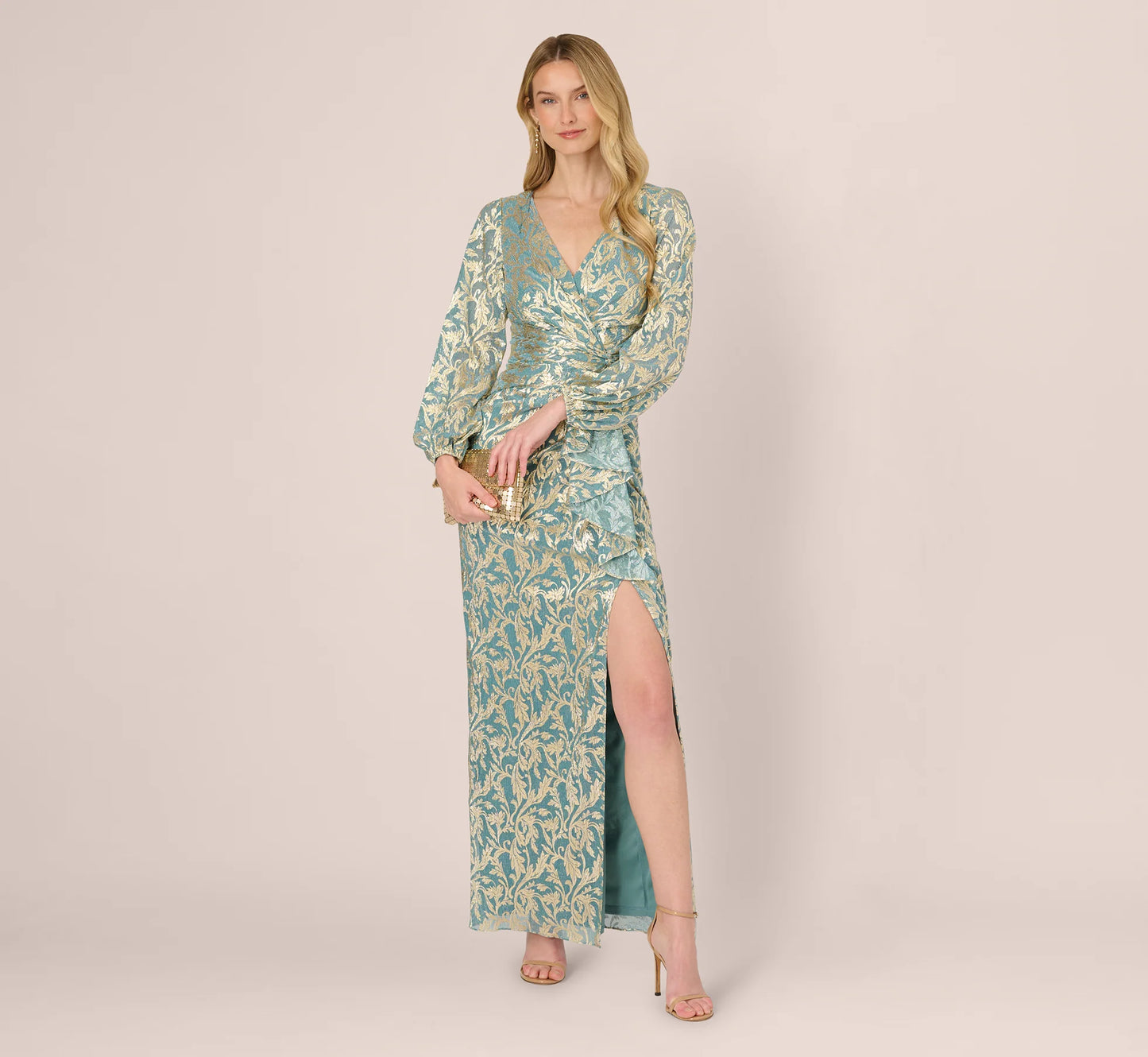 Long Sleeve Metallic Crinkle Drape Gown In Mint Gold