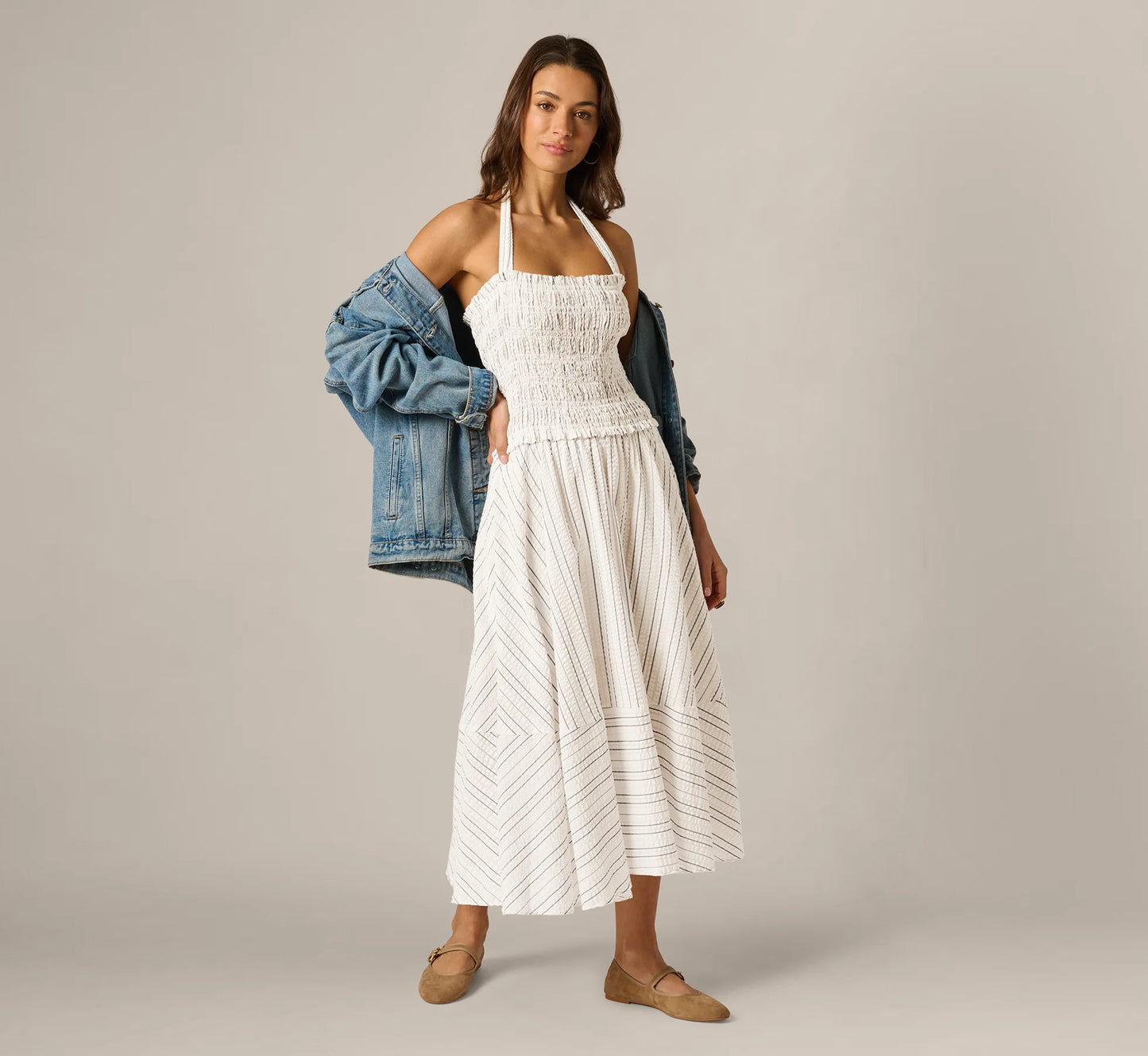 Smocked Seersucker Halter Midi Dress In Ivory Multi