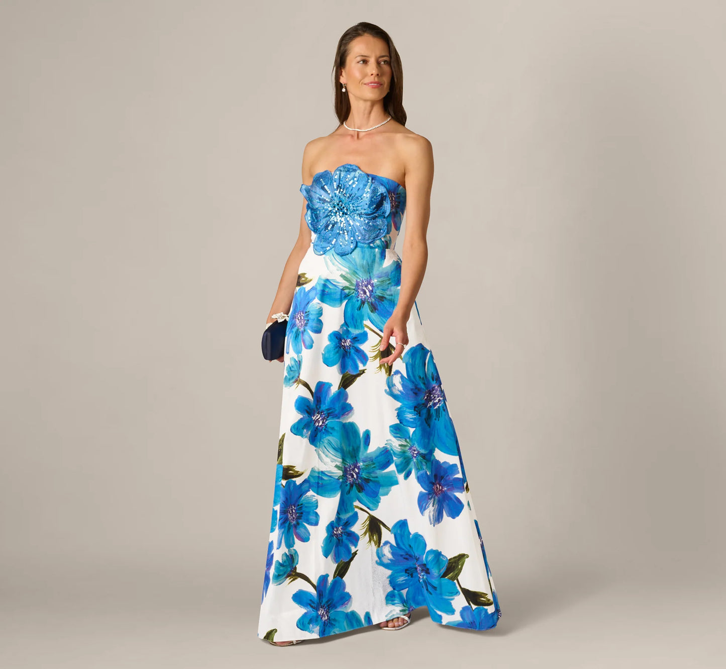 Strapless 3D Floral Beaded Dupioni Gown In Ivory Blue Multi