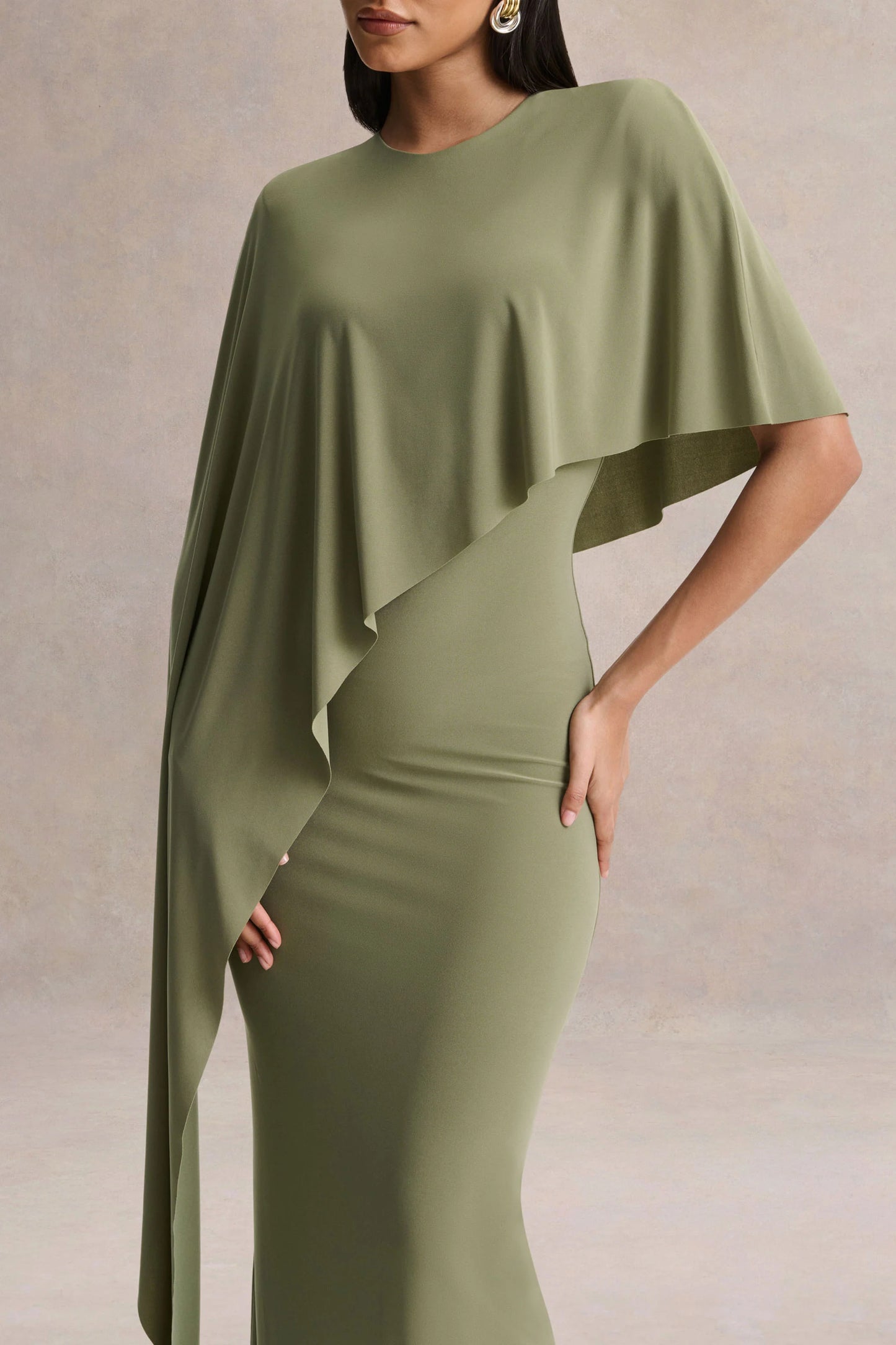 Ravena Olive Crew-Neck Maxi Dress With Asymmetric-Cape Sleeve