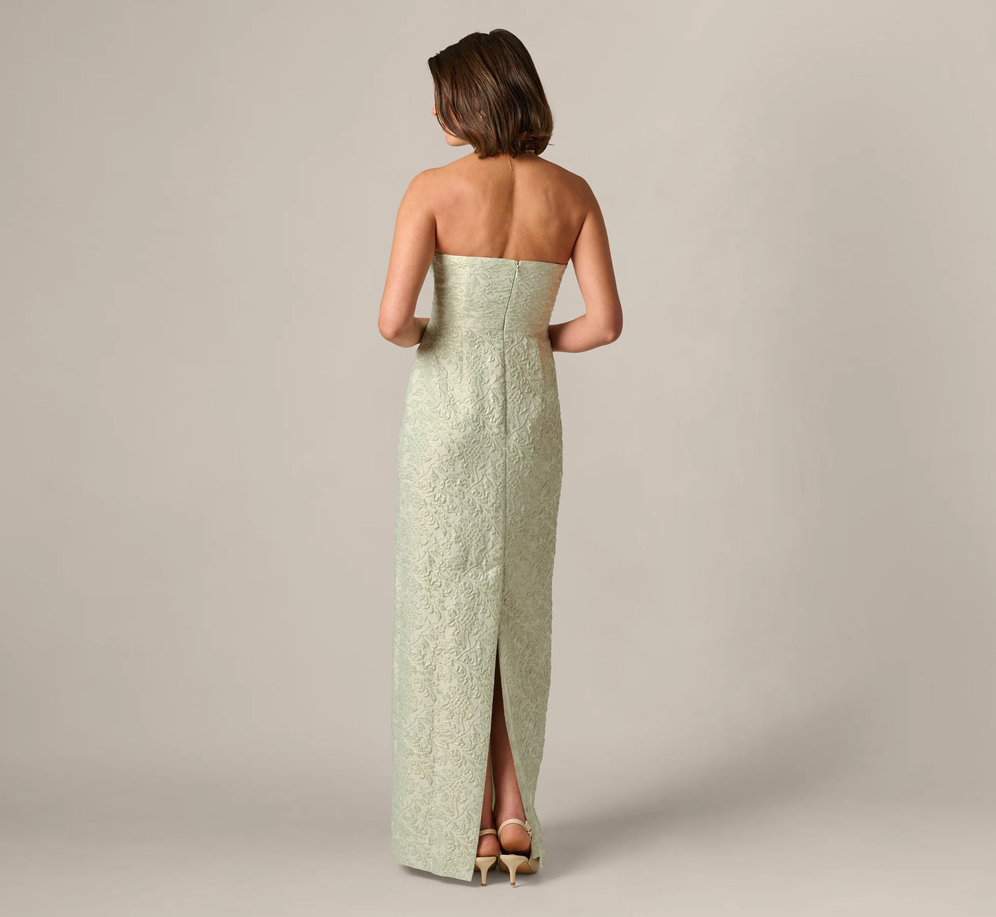 Strapless Metallic Jacquard Column Gown In Mint Glaze