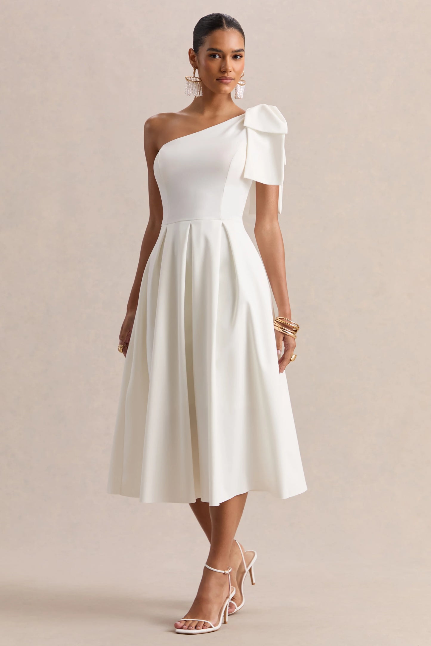 Meria White Asymmetric-Neck Midi Dress With Bow-Sleeve