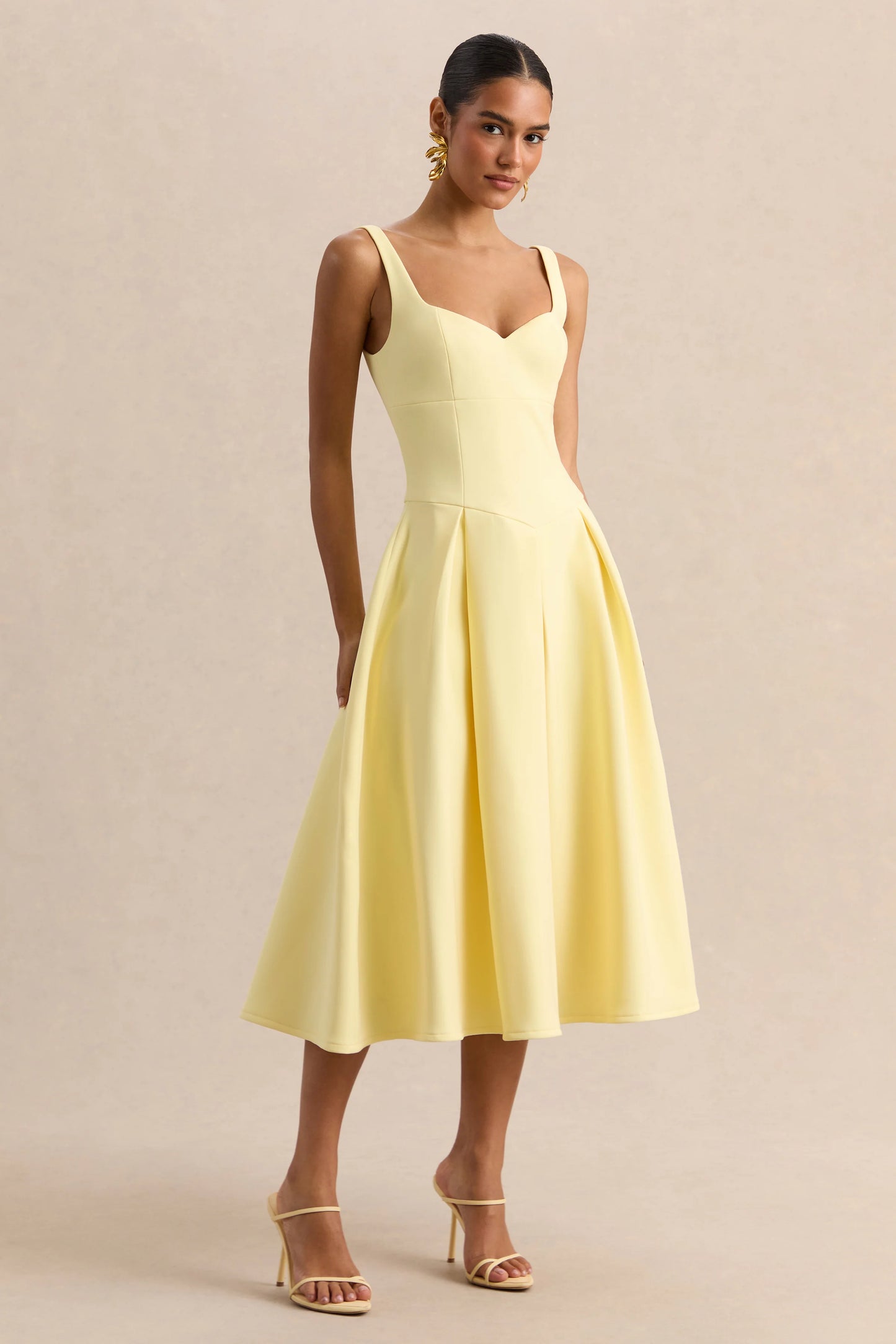 Greta Lemon Sweetheart-Neck Midi Dress