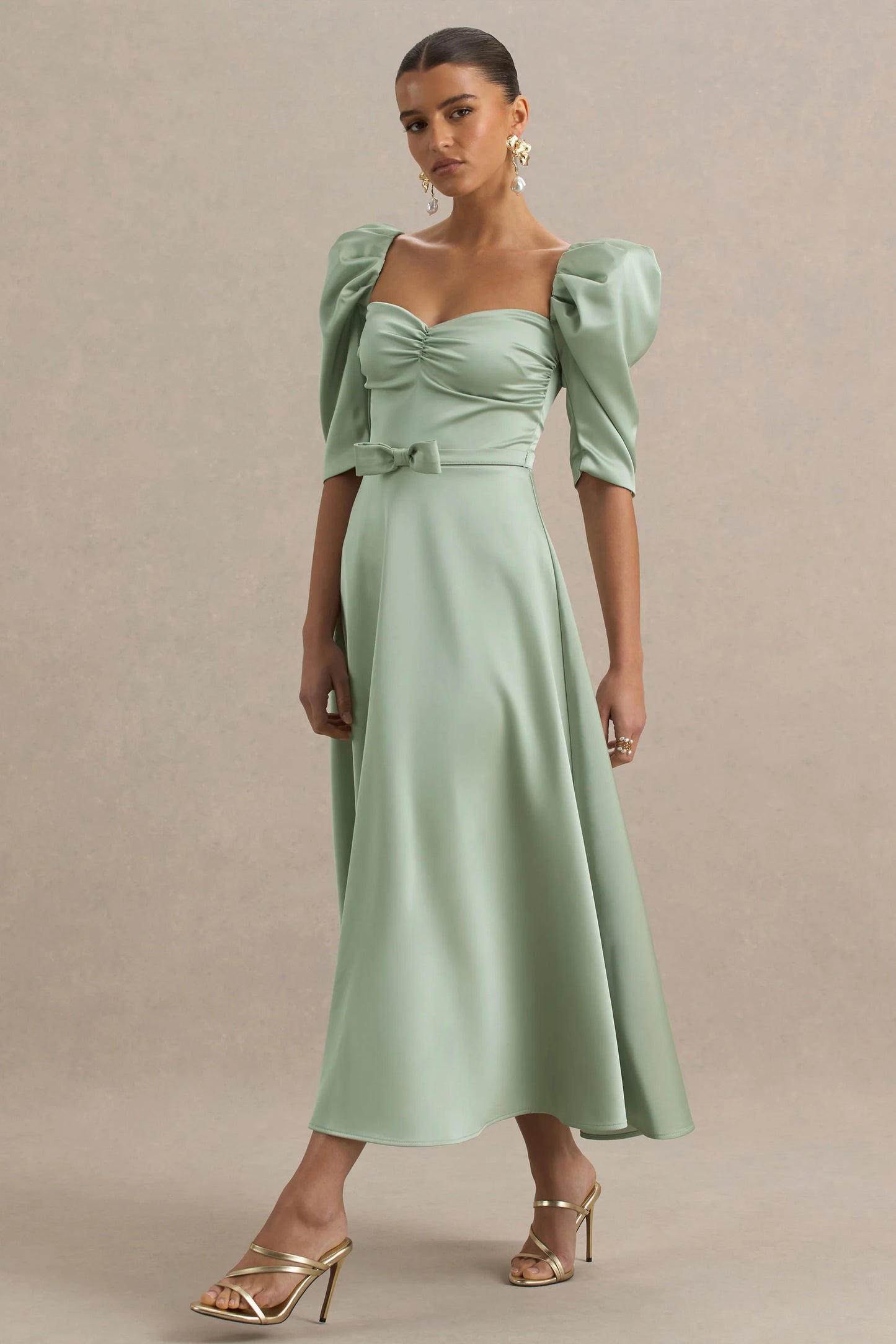 Rosey Green Satin Sweetheart Midi Dress