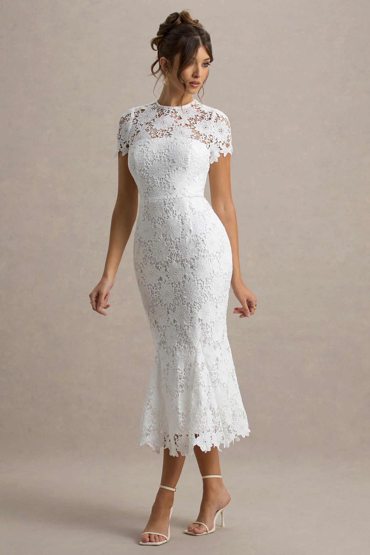 Clarissa White Lace Short-Sleeve Midi Dress