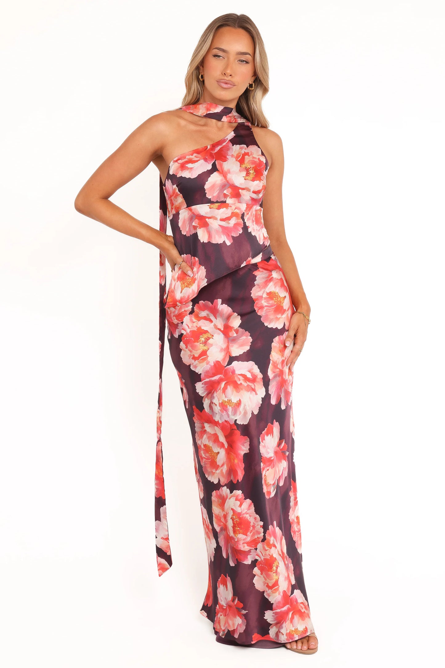 Georgina One Shoulder Skirt Set - Burgundy Peony