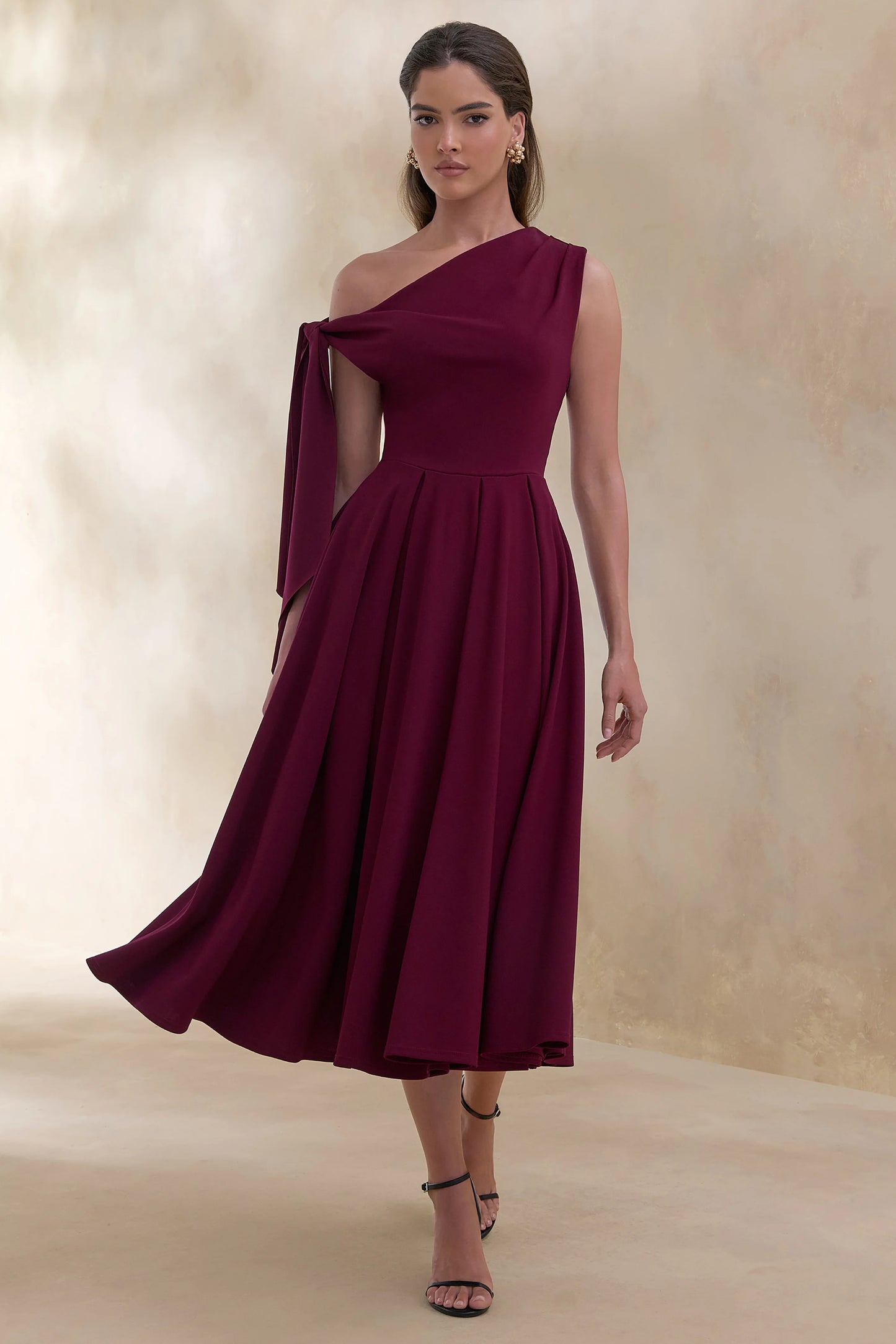Daring Burgundy Asymmetric-Neck Midi Dress With Knot-Detail