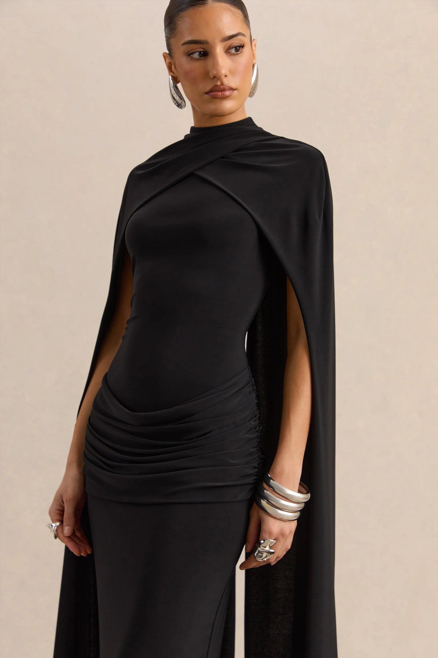 Dianelle Black High-Neck Maxi Dress With Cape-Sleeves