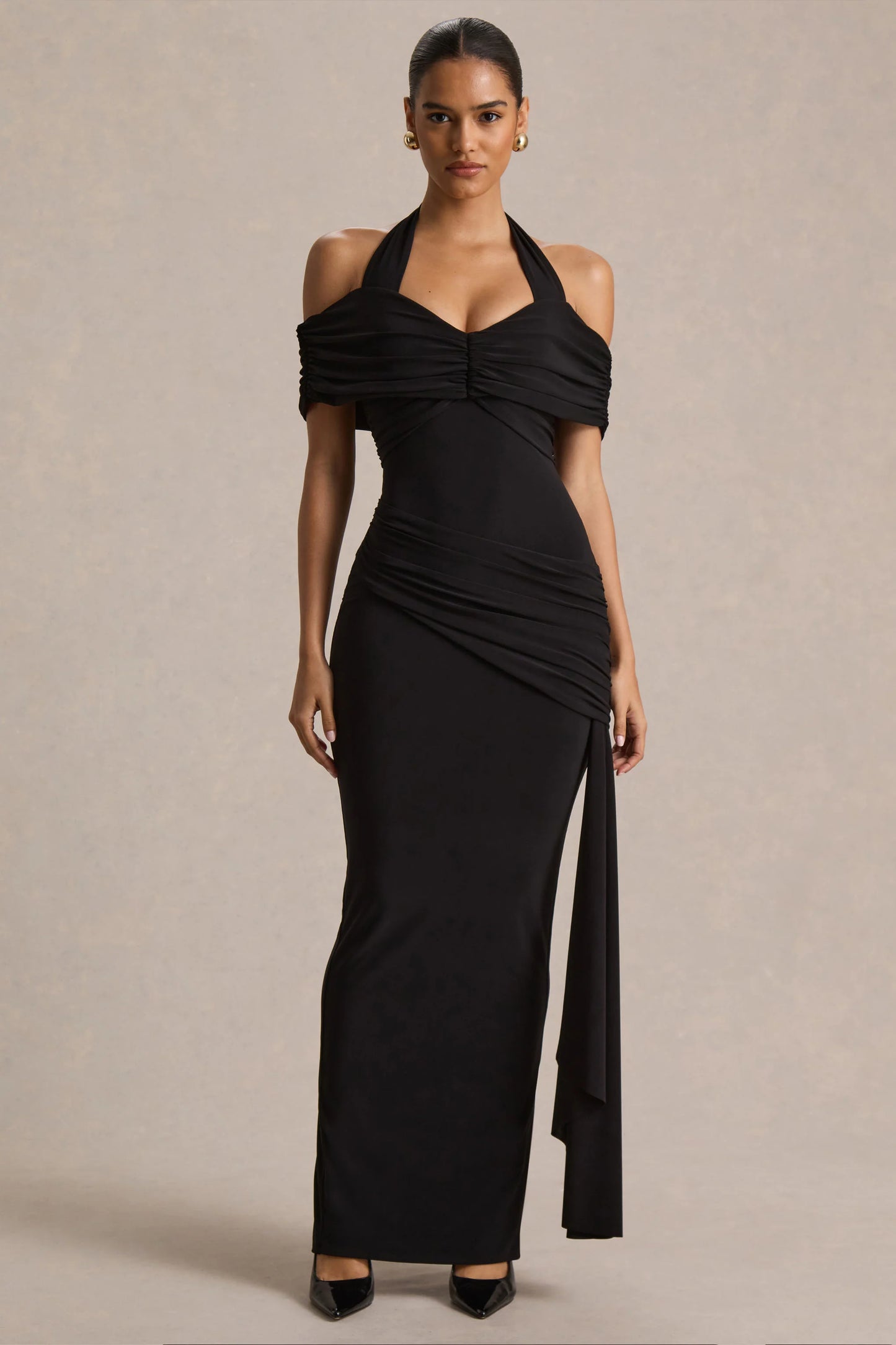 Camille Black Bardot-Neck Maxi Dress