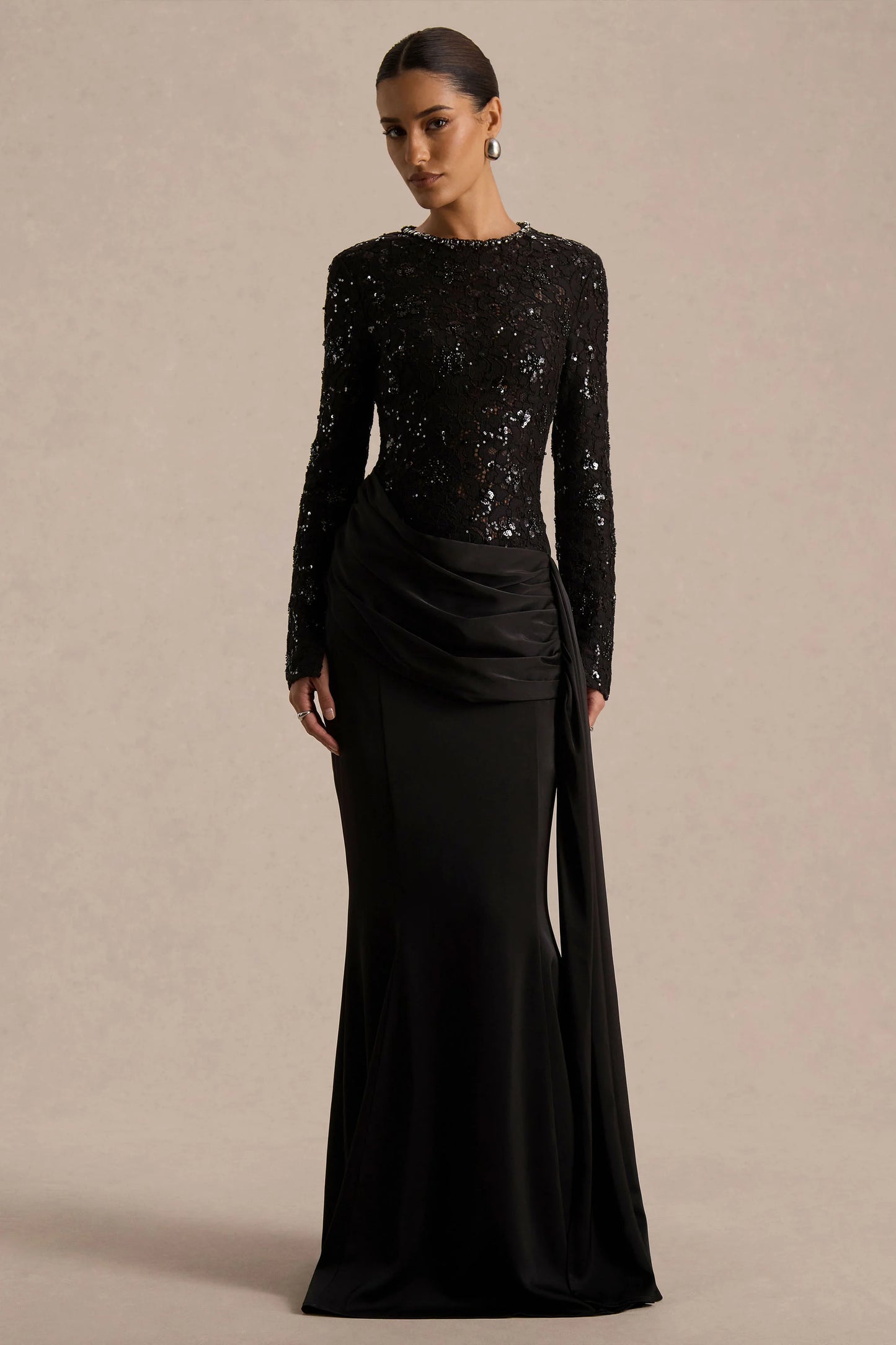 Beau Black Lace High-Neck Maxi Dress With Draped Detail