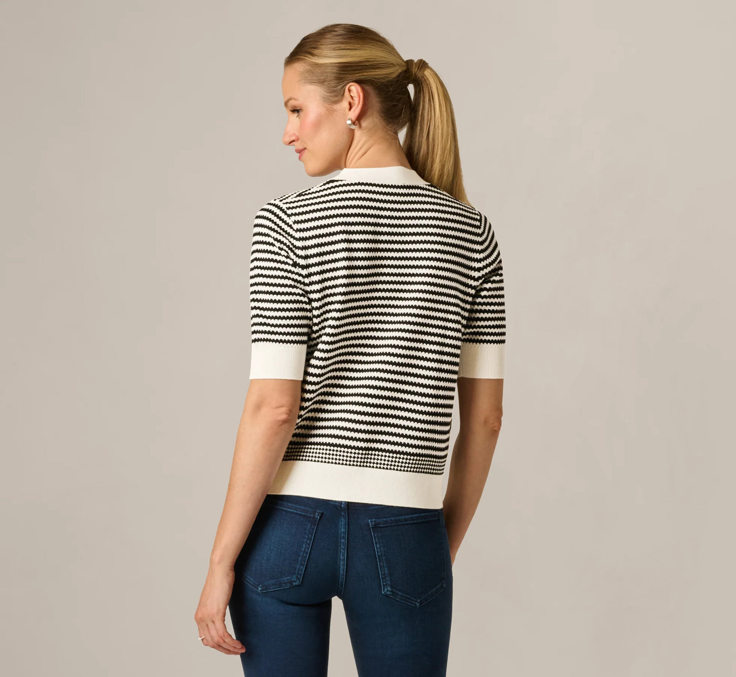 Short Sleeve Tie Neck Cardigan In Ivory Black