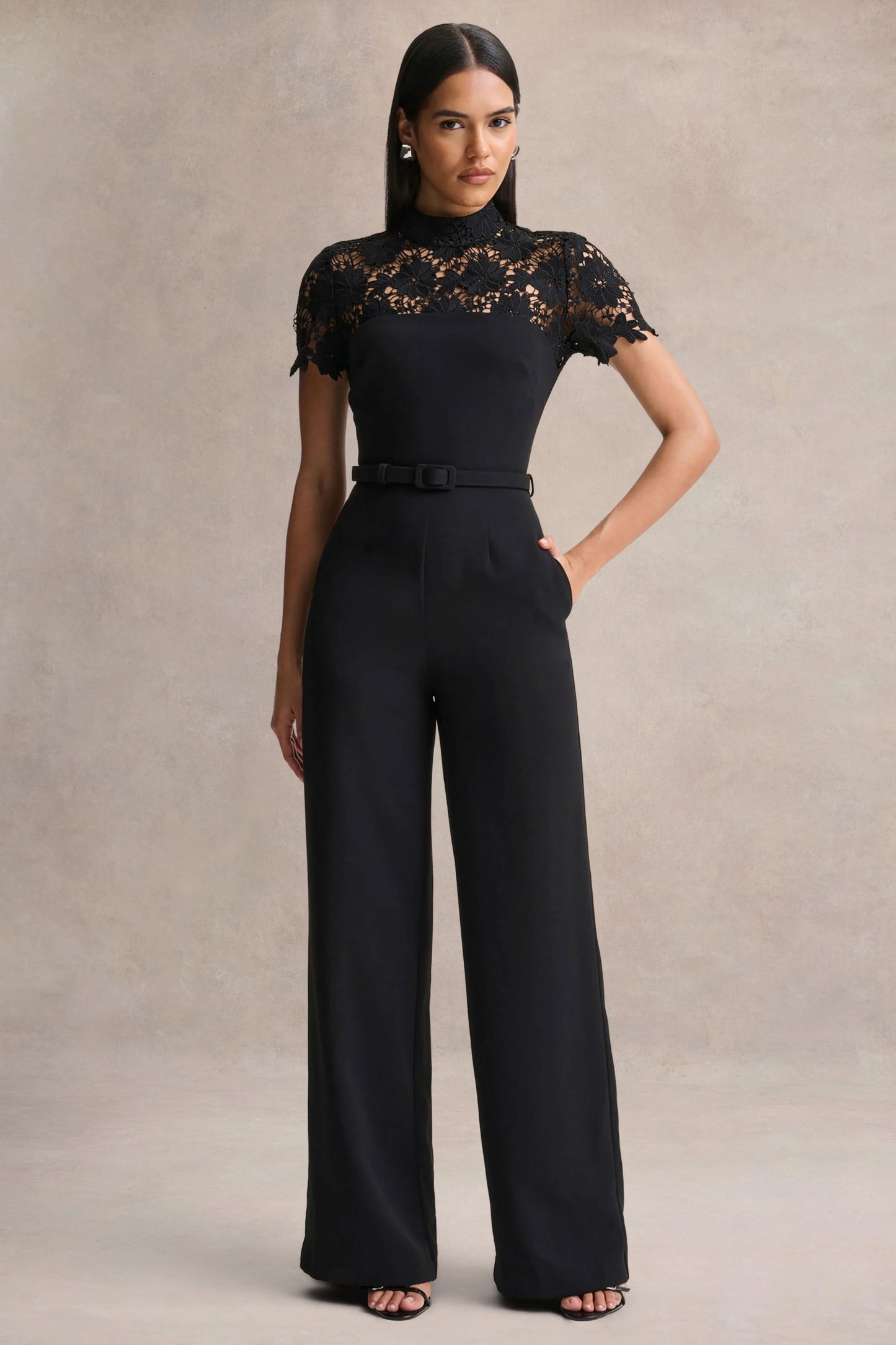 Orlina Black High-Neck Jumpsuit With Lace Detailing