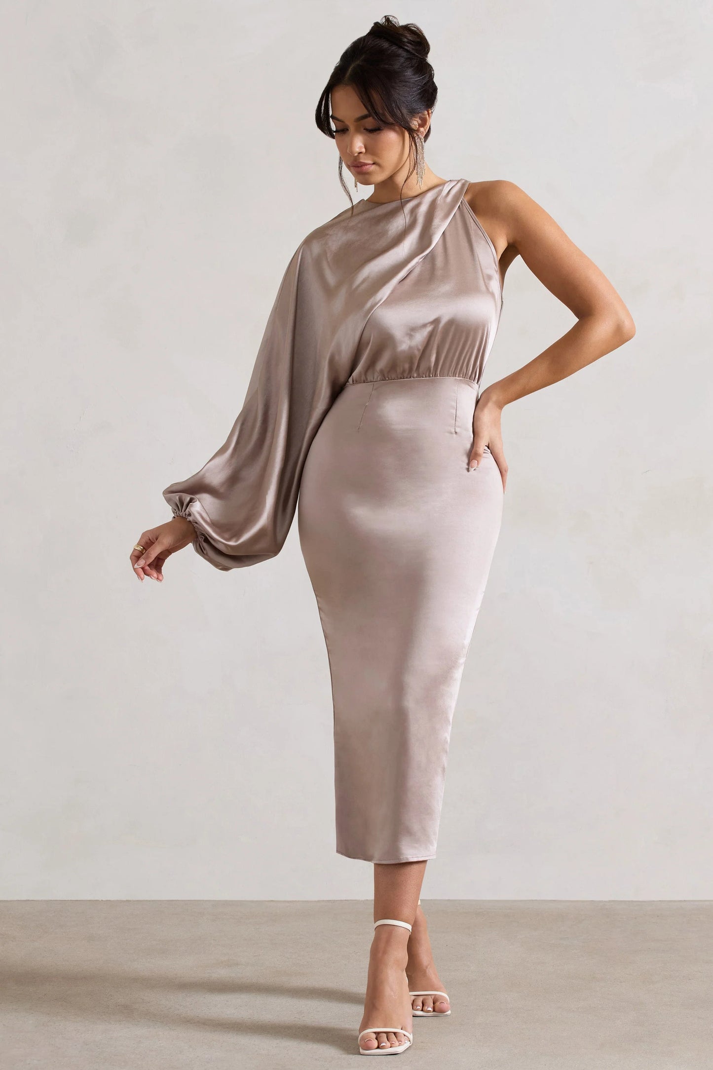 Nola Taupe Satin One-Sleeve Midi Dress