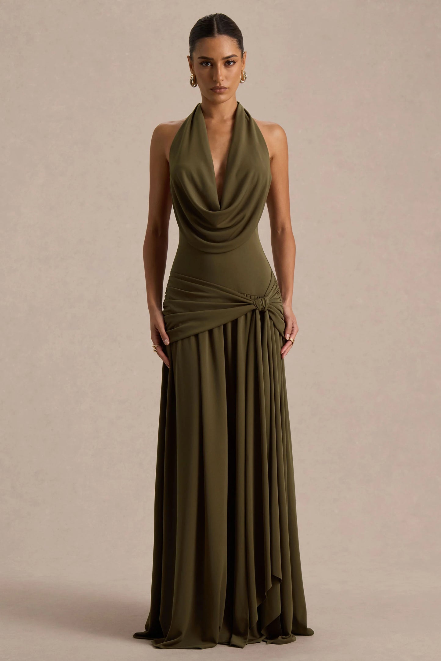 Mist Olive Plunge-Neck Maxi Dress With Knot-Detail And Open-Back