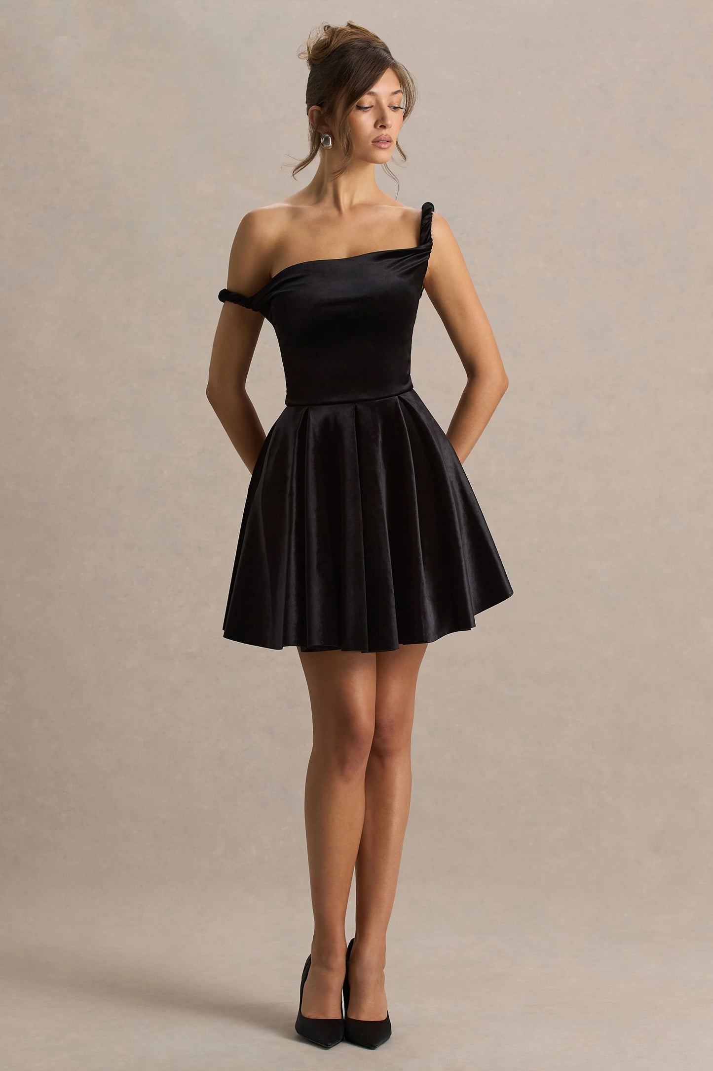 Leticia Black Asymmetric-Neck Velvet Mini Dress With Twist-Sleeve