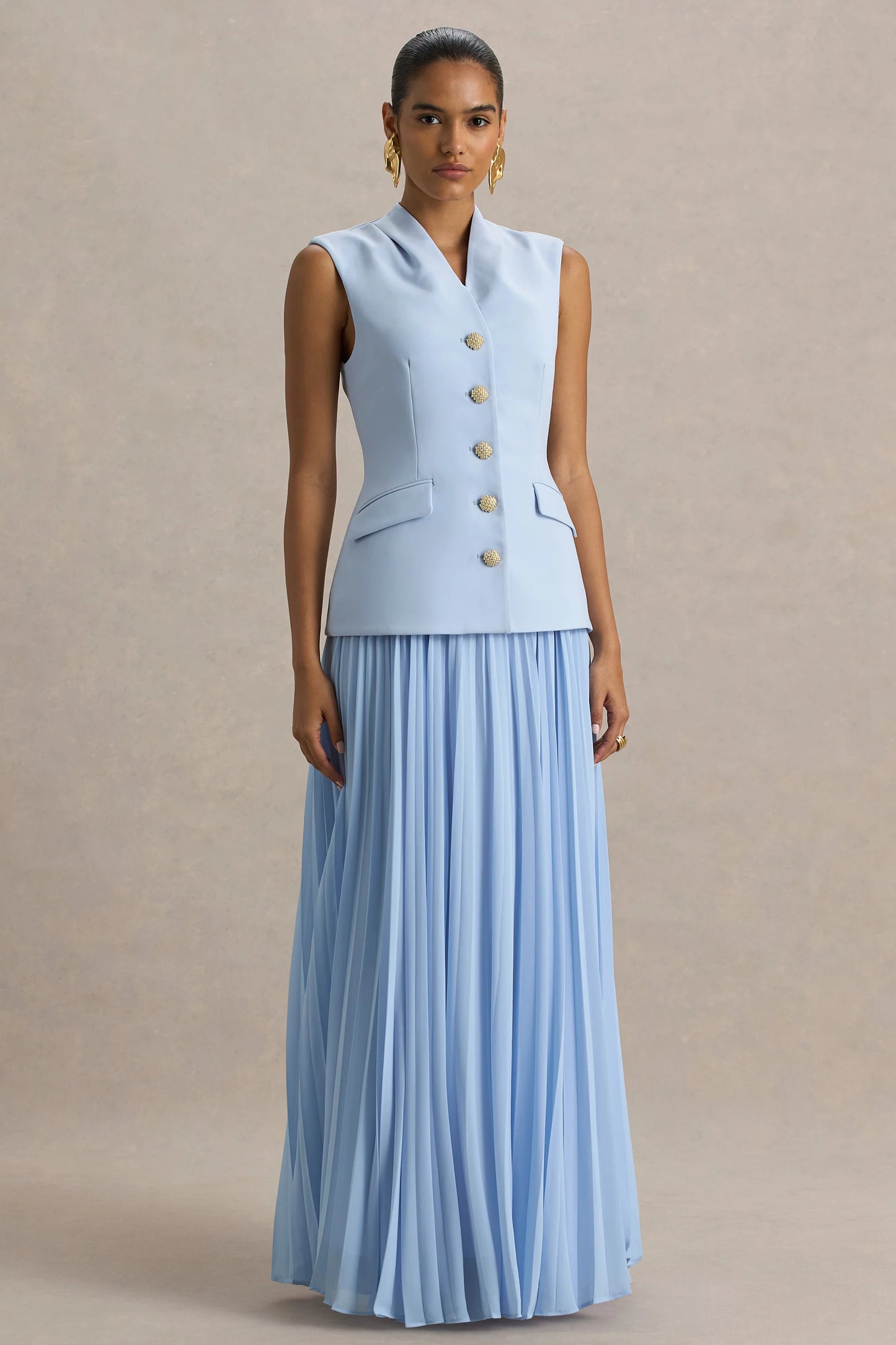 Heavenly Powder Blue High Neck Maxi Dress With Pleated Detailing