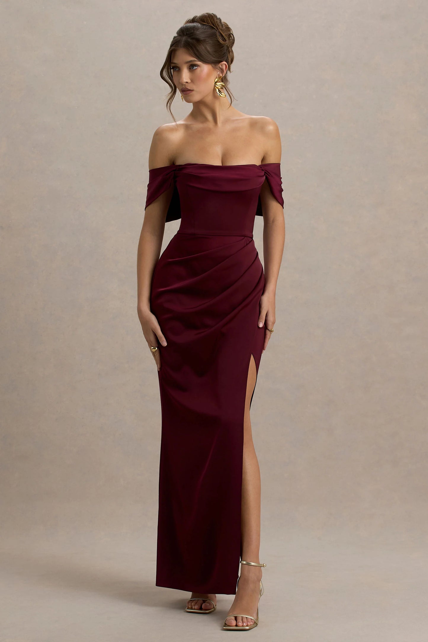 Annie Burgundy Satin Bardot Maxi Dress With Split Wrap Skirt