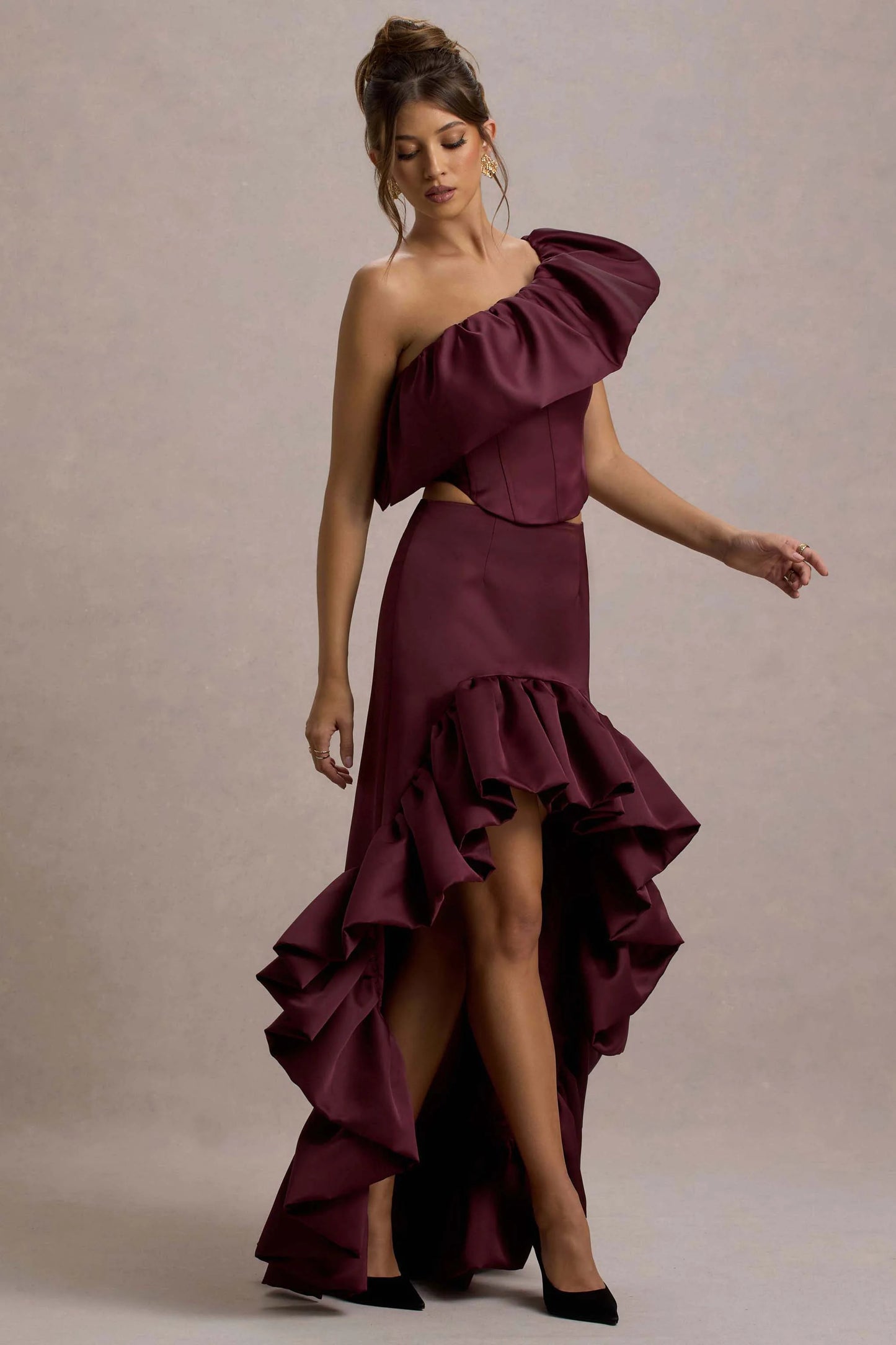 Ruby Merlot Satin High-Low Maxi Skirt