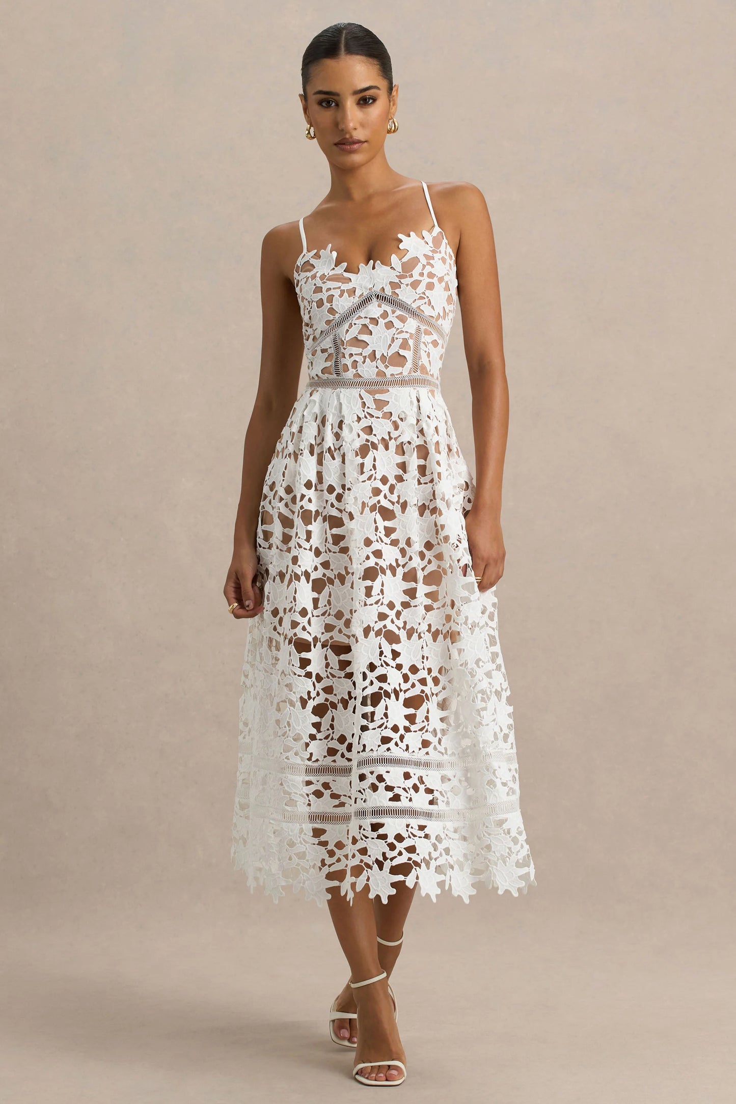 Zuri White Lace Sweetheart Midi Dress With Cami Straps