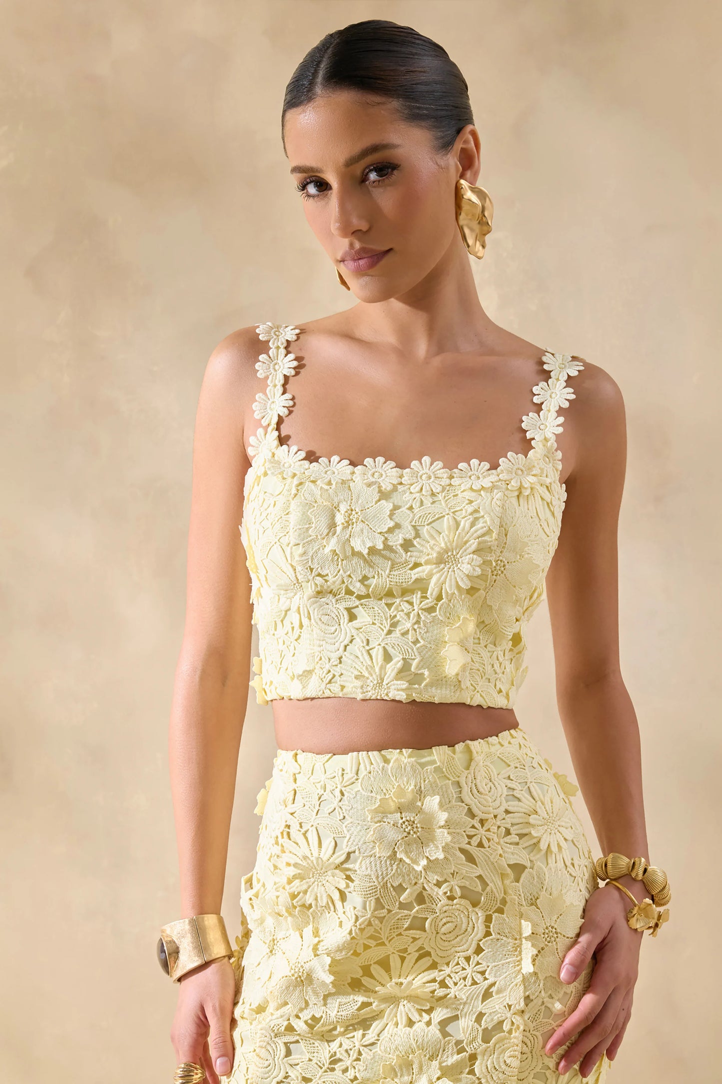 Blythe Lemon Lace Square-Neck Crop-Top
