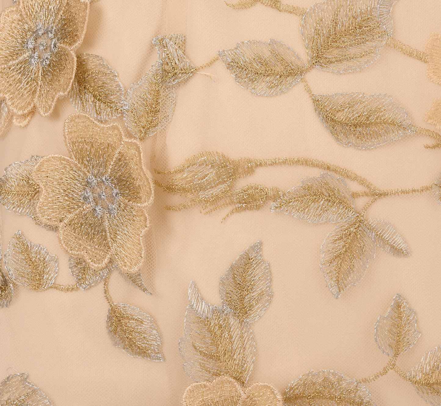 Cap Sleeve Floral Embroidered Illusion Godet Gown In Champagne