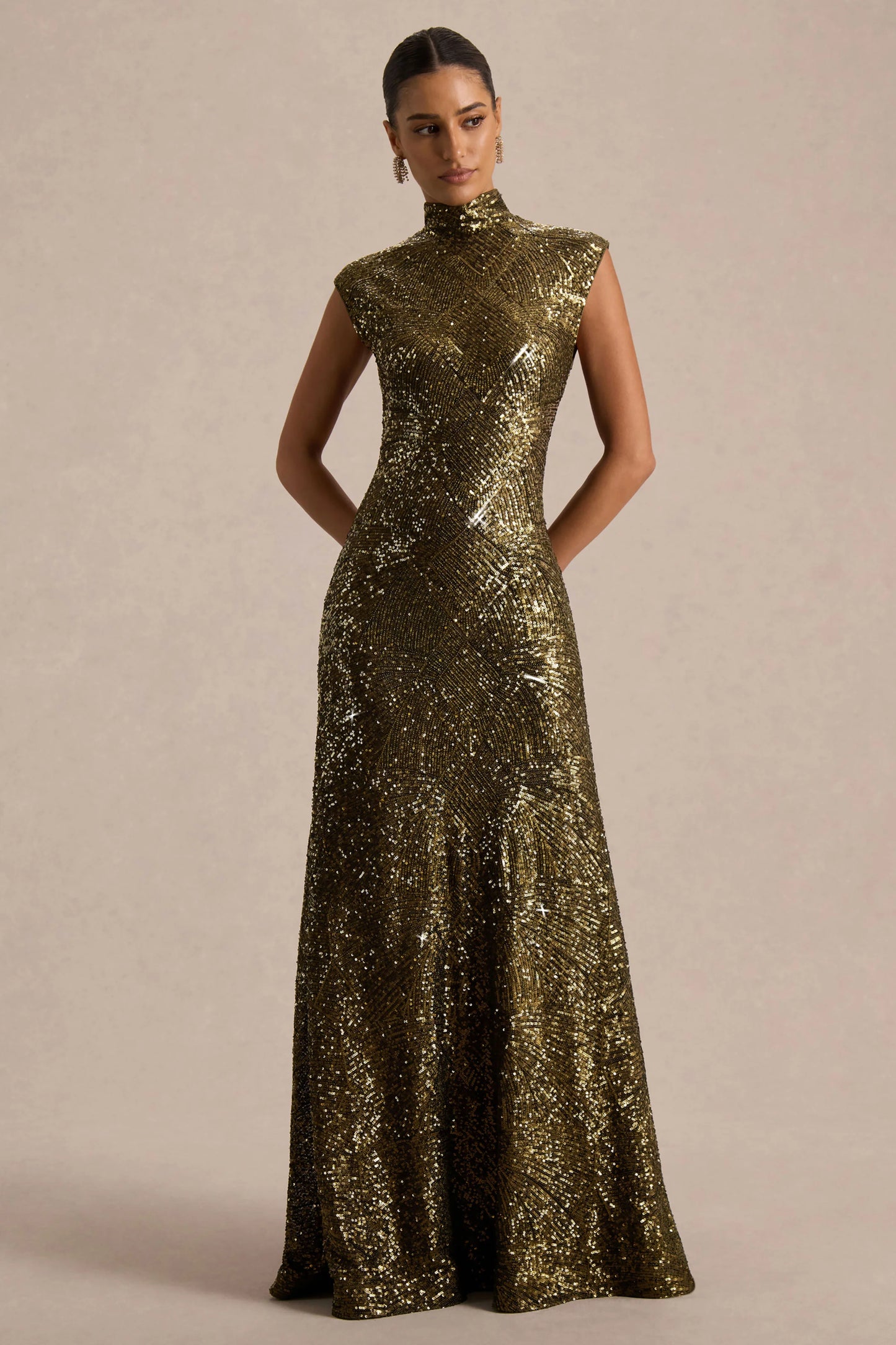Cecy Khaki Sequin High-Neck Maxi Dress With Cap Sleeves