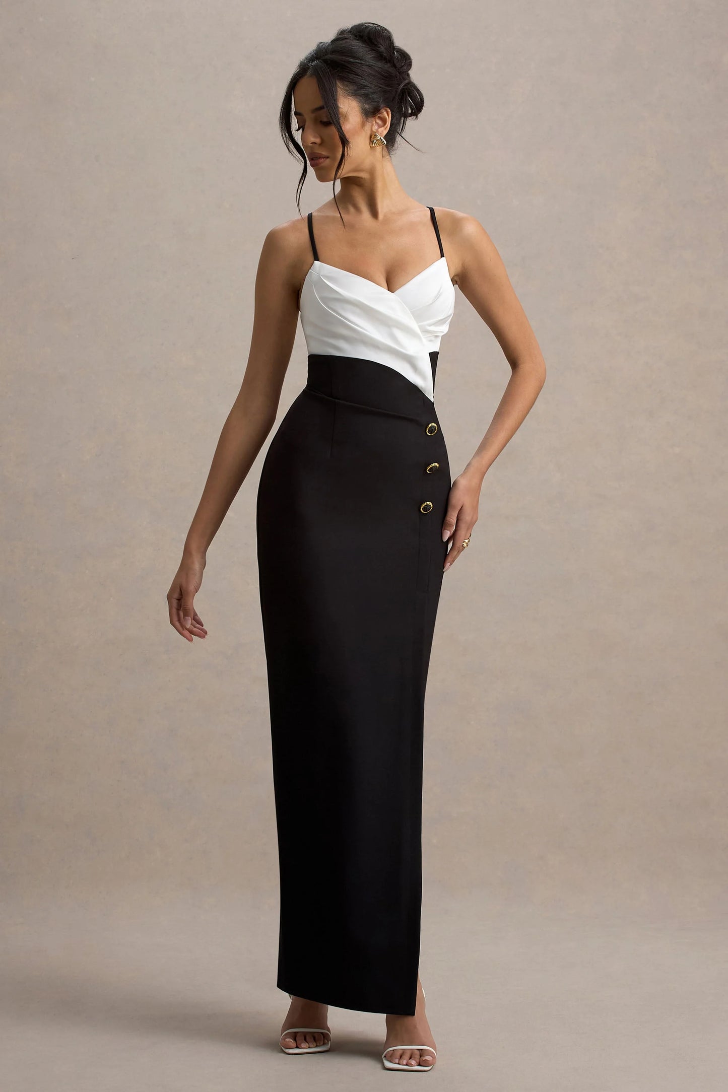 Rosalind Black & White Strappy Tailored Maxi Dress With Split