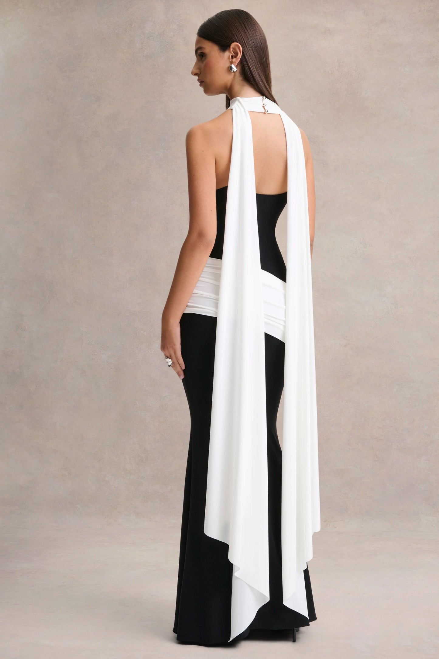 Dorinda Black And White High-Neck Maxi Dress With Drape And Scarf-Detail