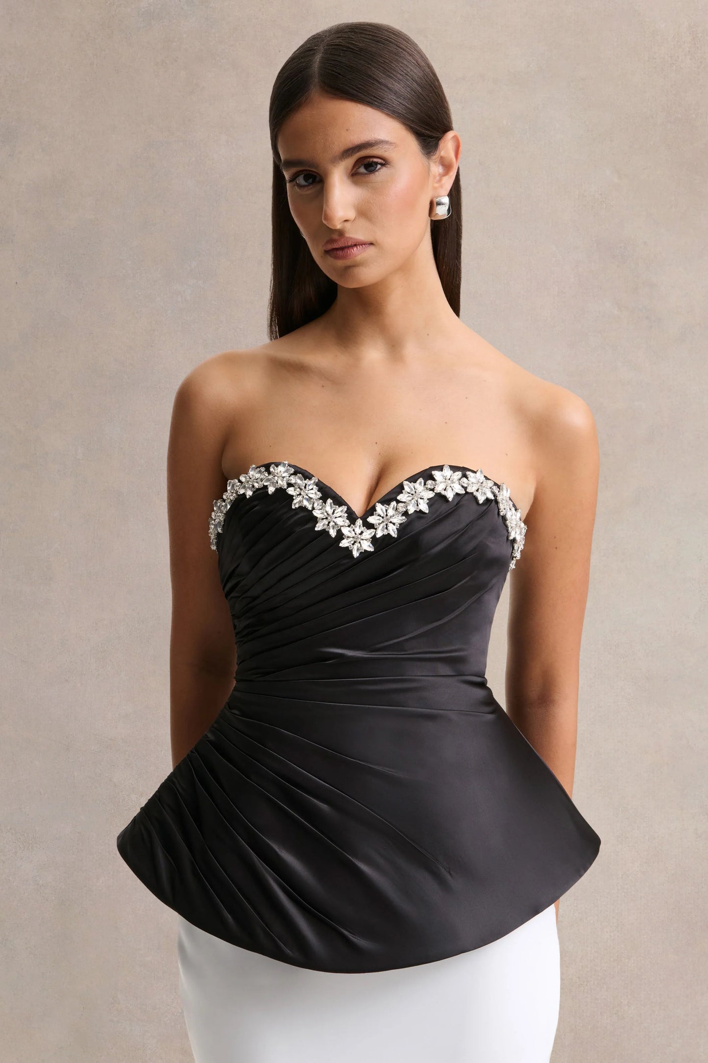 Ambria Black Satin Hand-Embellished Sweetheart-Neck Corset Top