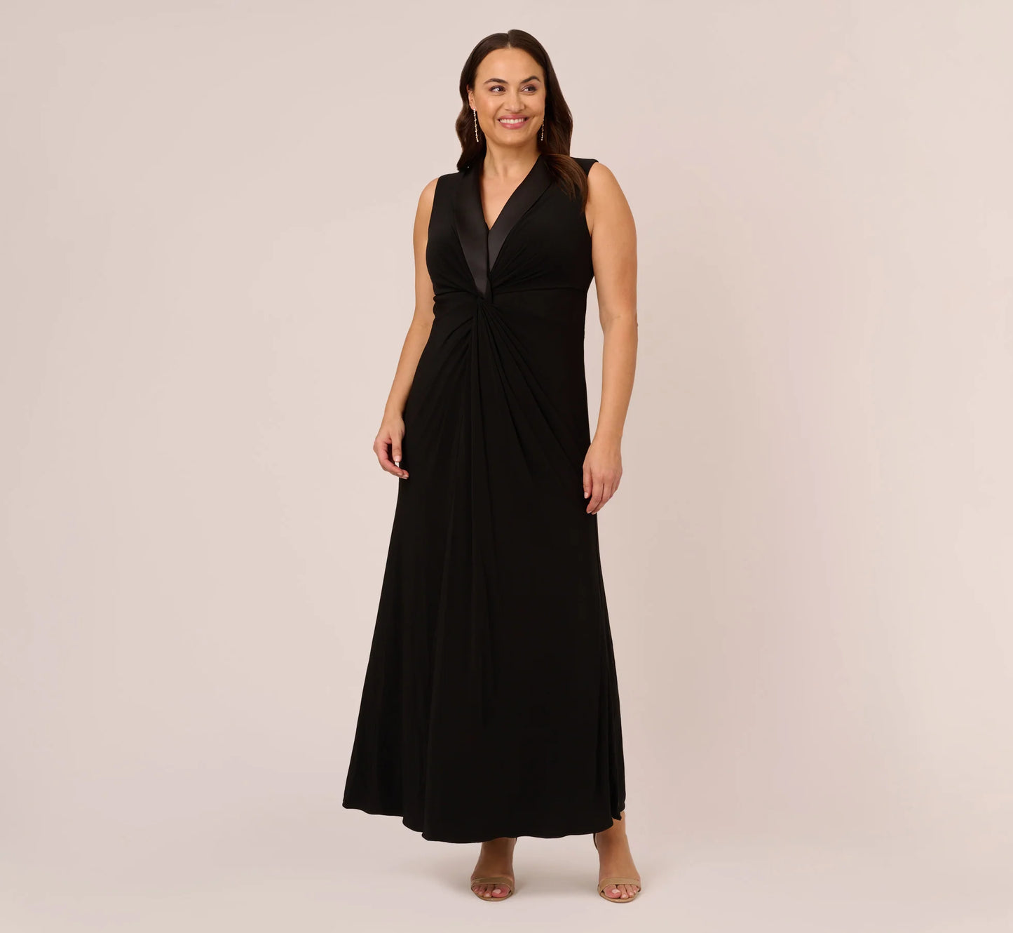 Plus Size Matte Jersey Twist Front Tuxedo Long Gown In Black