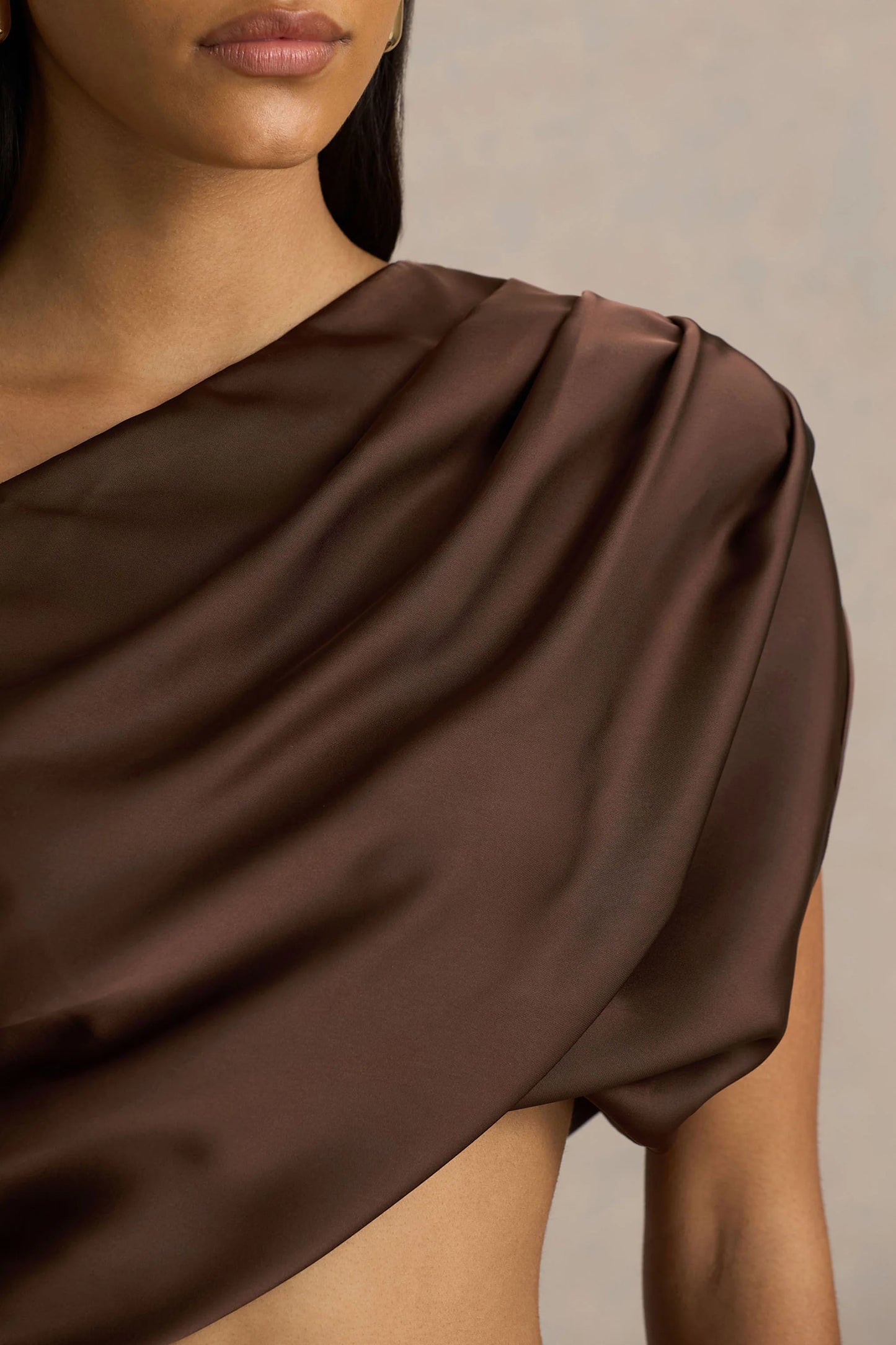 Entrapment Brown Satin Boat-Neck Crop-Top With Ruched Detailing