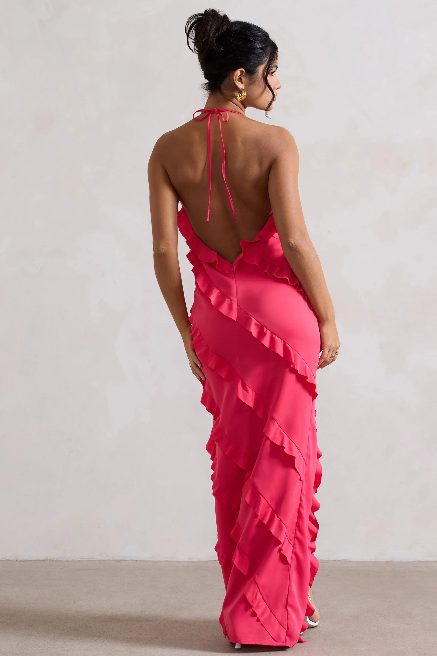 Full On Hot Pink V-Neck Ruffle Maxi Dress