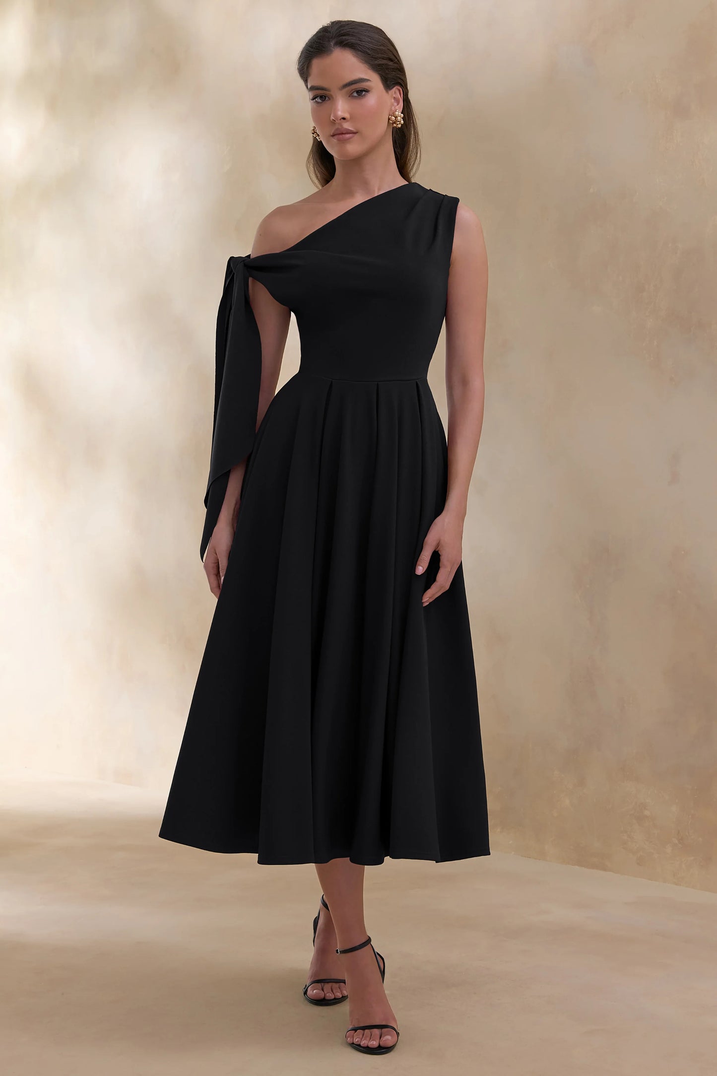 Daring Black Asymmetric-Neck Midi Dress With Knot-Detail