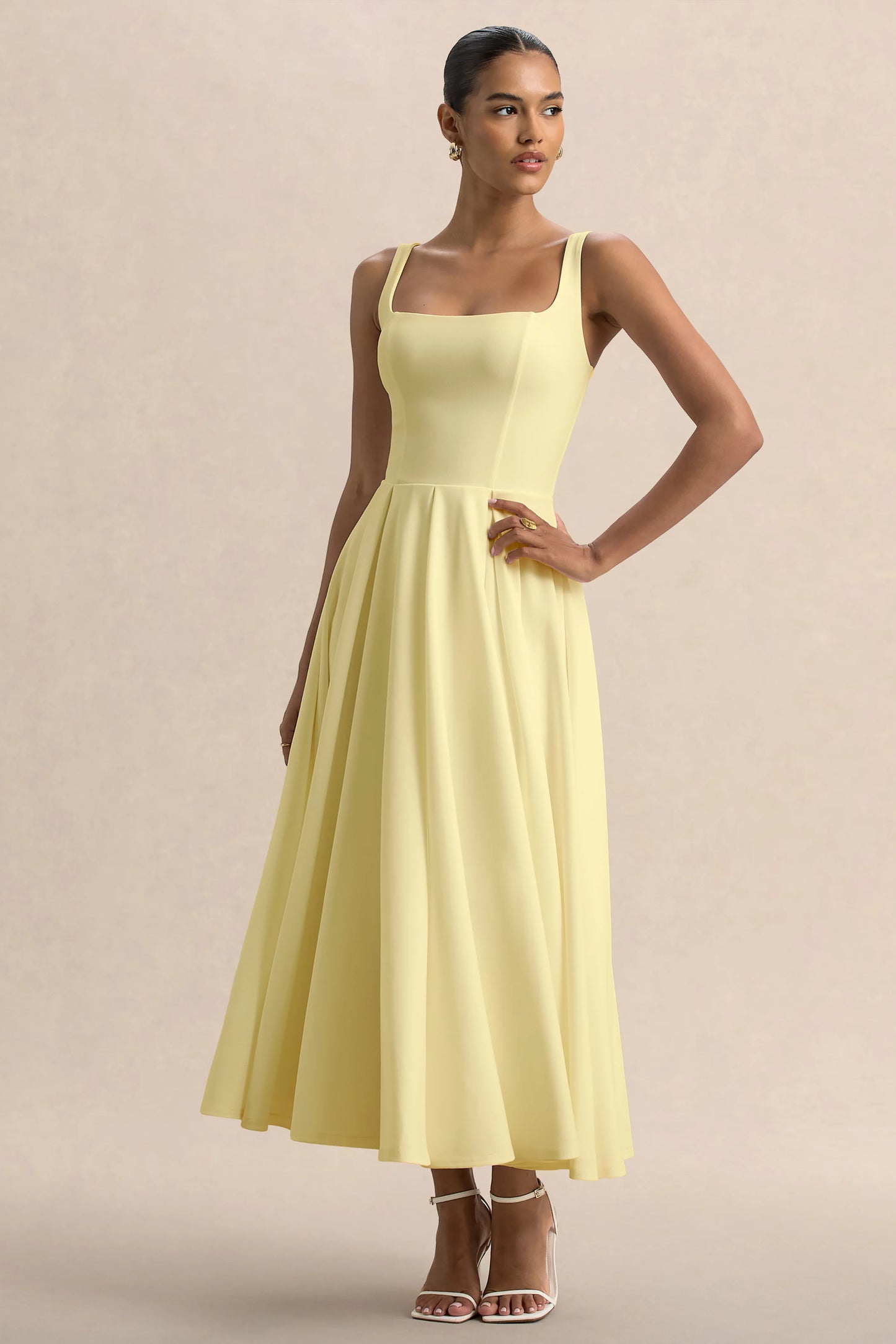 Parina Lemon Strappy Volume-Hem Midi Dress