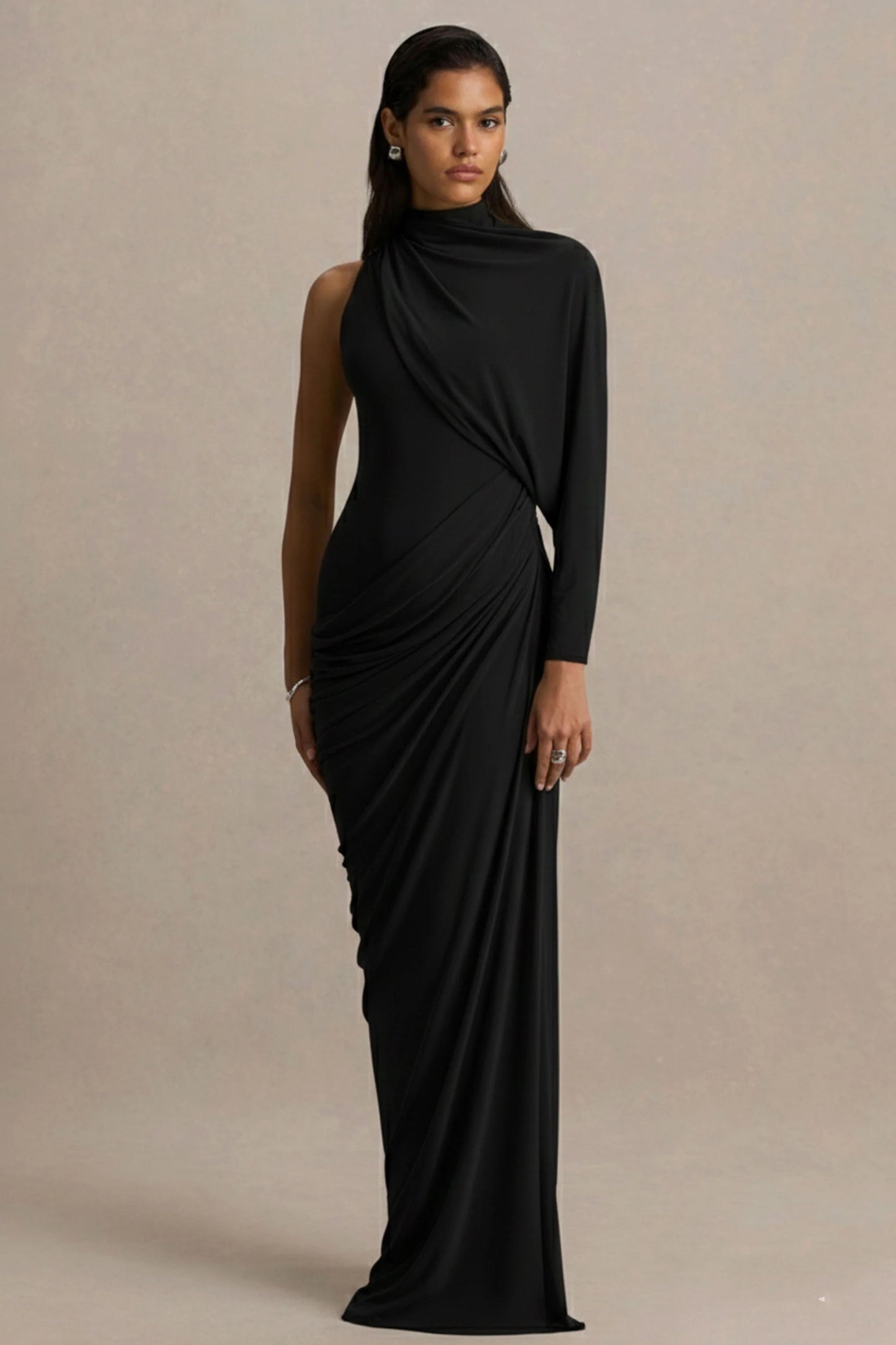 Aphra Black High-Neck Maxi Dress With Cape-Sleeve