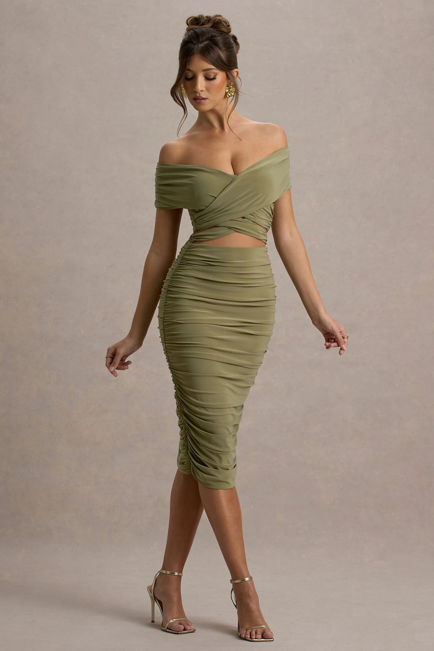 Clovette Olive Ruched Bardot Cut-Out Midi Dress