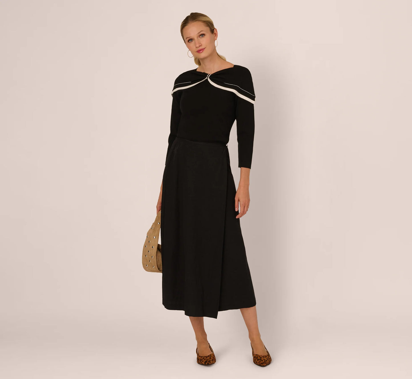 Off Shoulder Bow Collar Sweater In Black Ivory